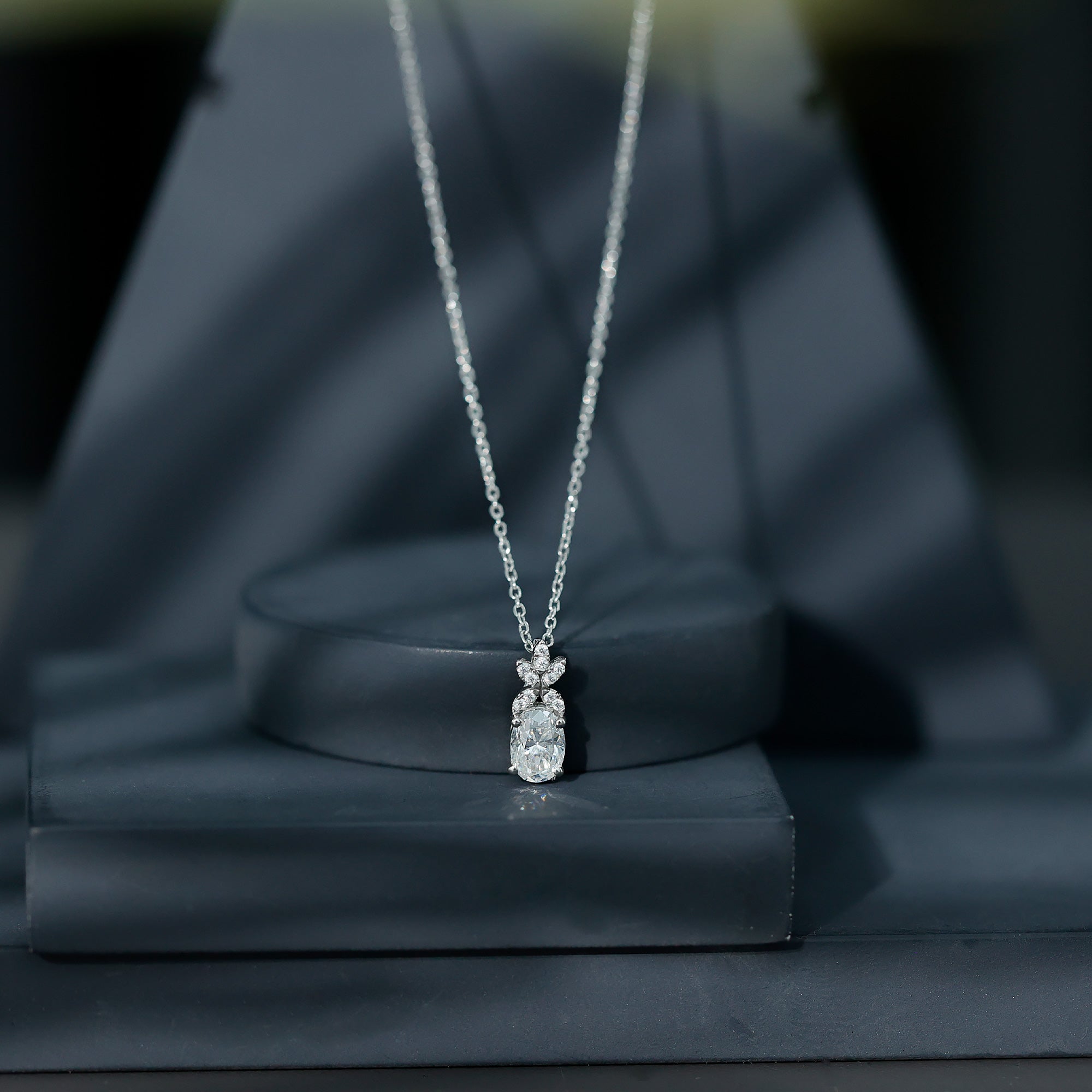 Certified 0.9 Carat Oval Shaped Moissanite Flower Pendant Necklace D-VS1 92.5 Sterling Silver - Rosec Jewels