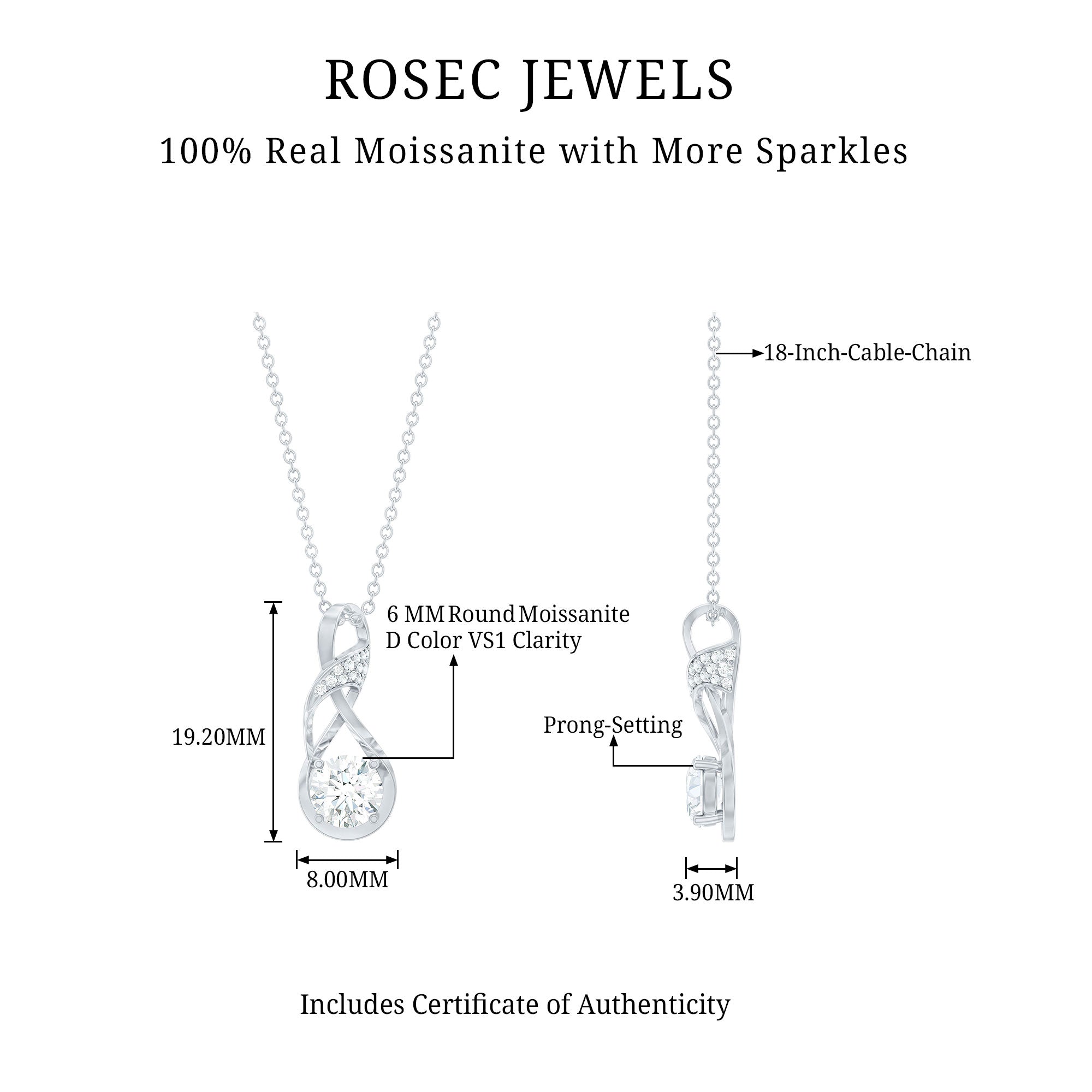 Certified Moissanite Infinity Necklace with Chain D-VS1 92.5 Sterling Silver - Rosec Jewels