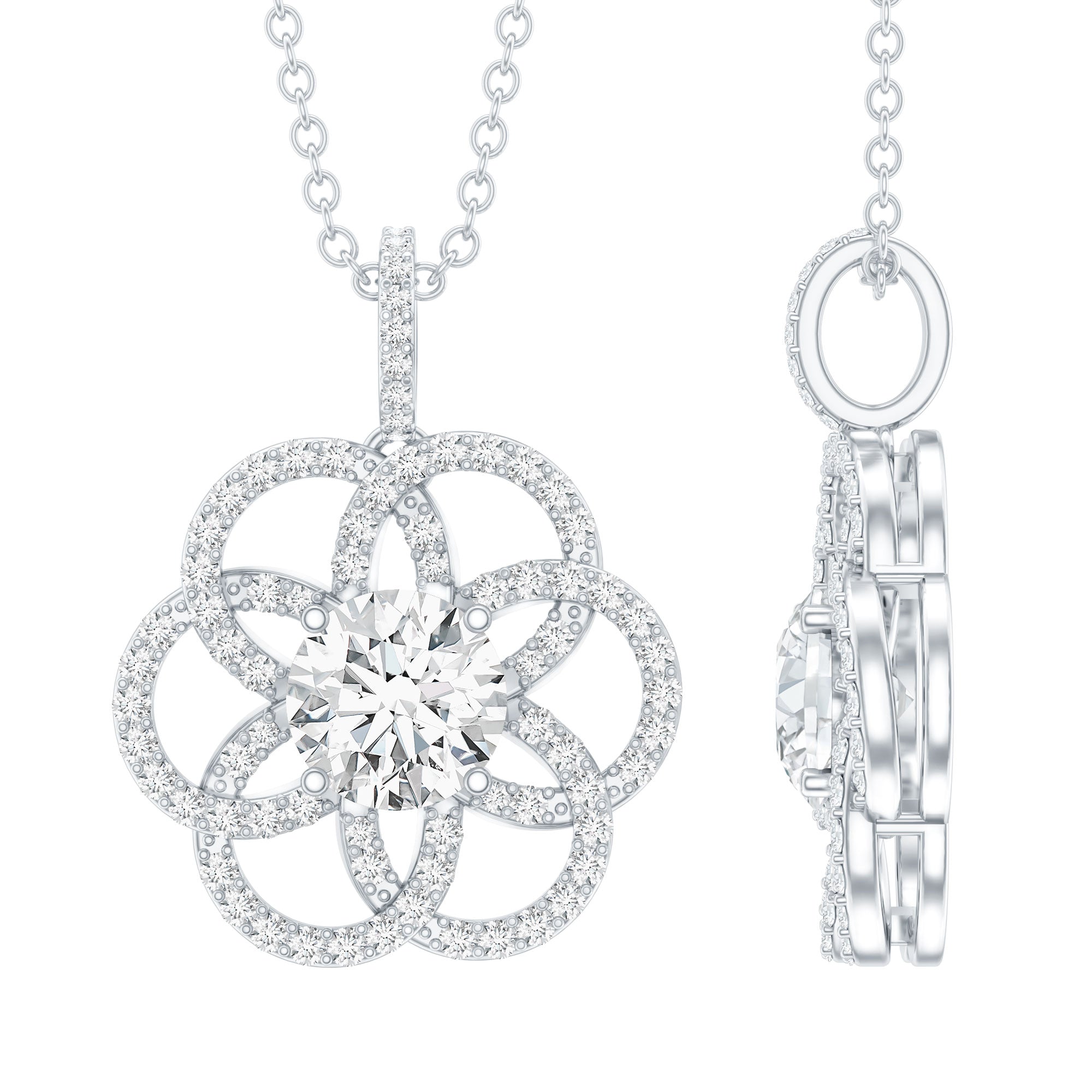Certified Moissanite Flower Necklace with Silver Chain D-VS1 92.5 Sterling Silver - Rosec Jewels