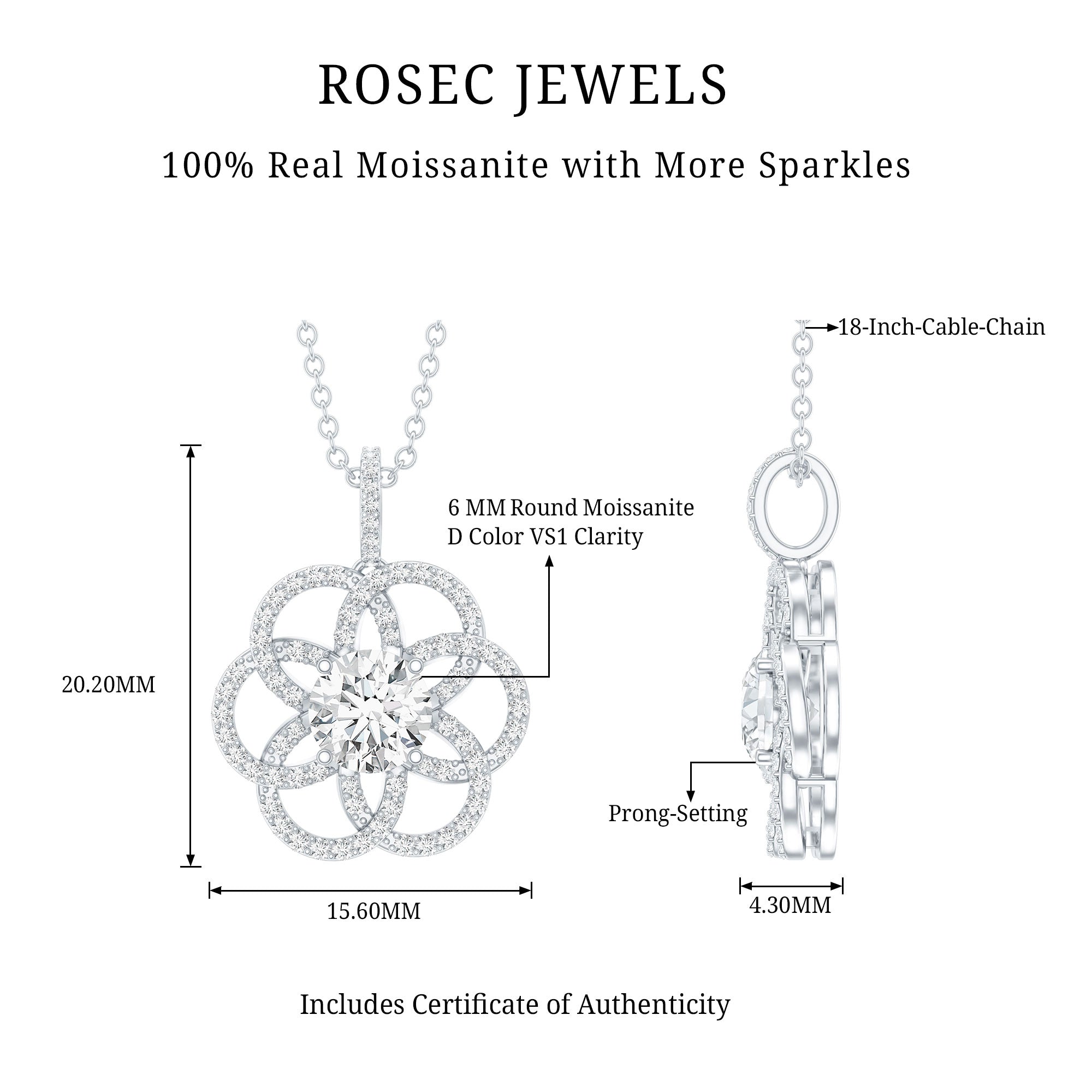 Certified Moissanite Flower Necklace with Silver Chain D-VS1 92.5 Sterling Silver - Rosec Jewels