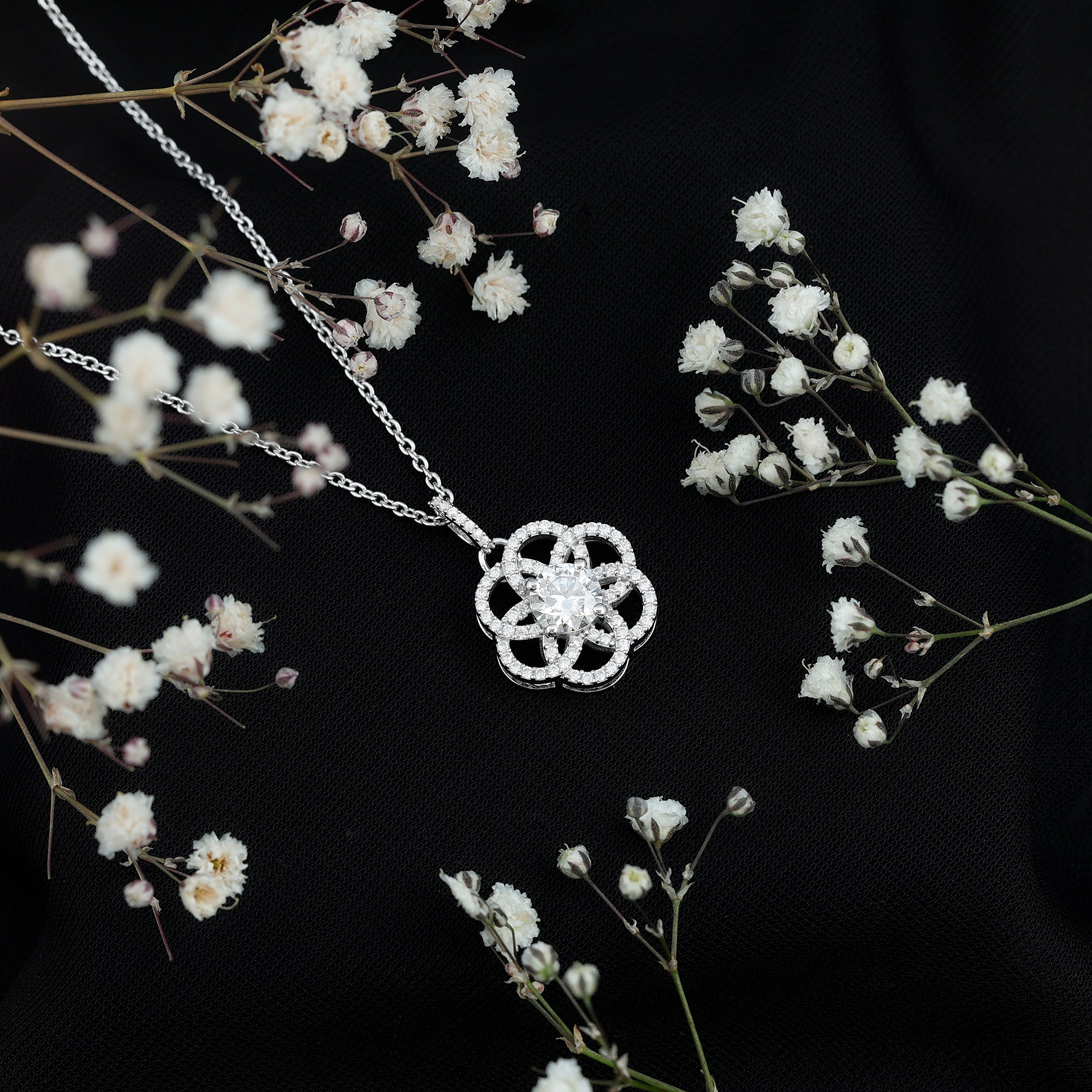 Certified Moissanite Flower Necklace with Silver Chain D-VS1 92.5 Sterling Silver - Rosec Jewels