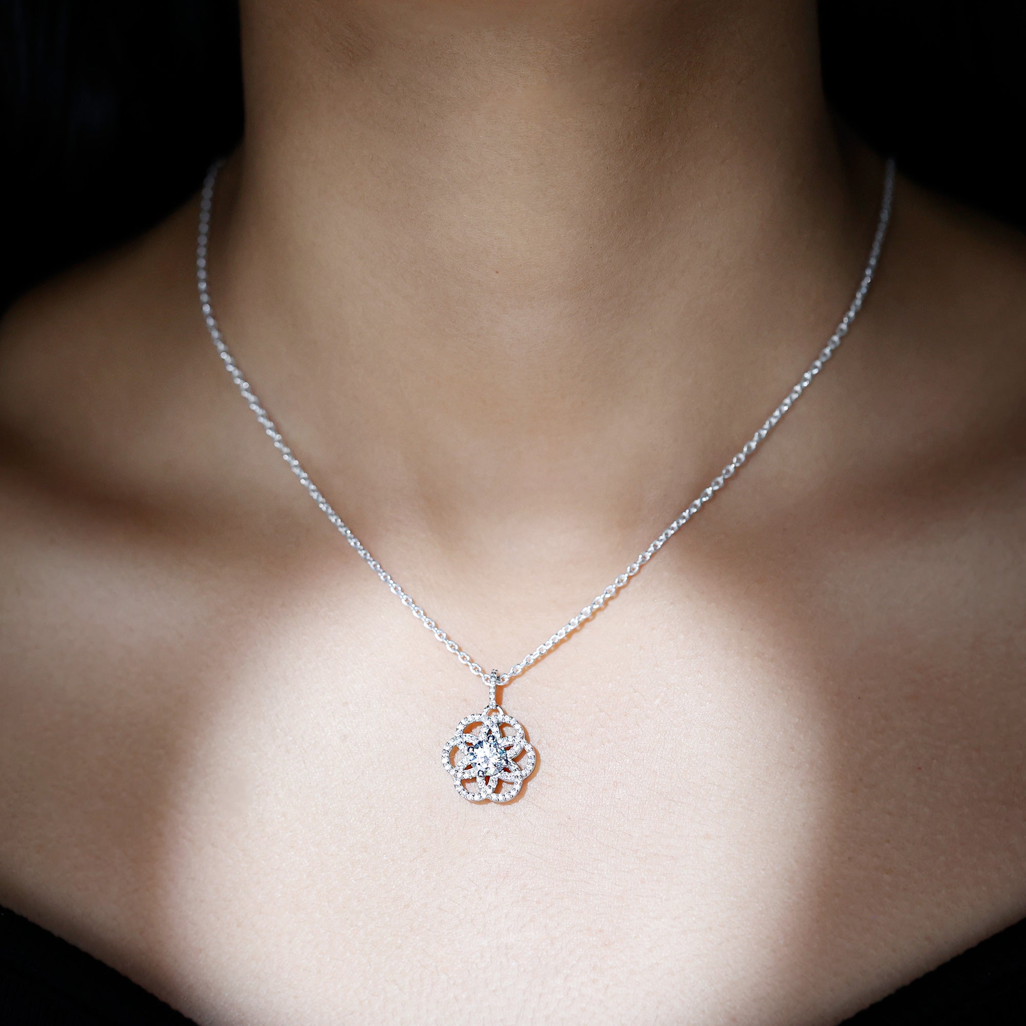 Certified Moissanite Flower Necklace with Silver Chain D-VS1 92.5 Sterling Silver - Rosec Jewels
