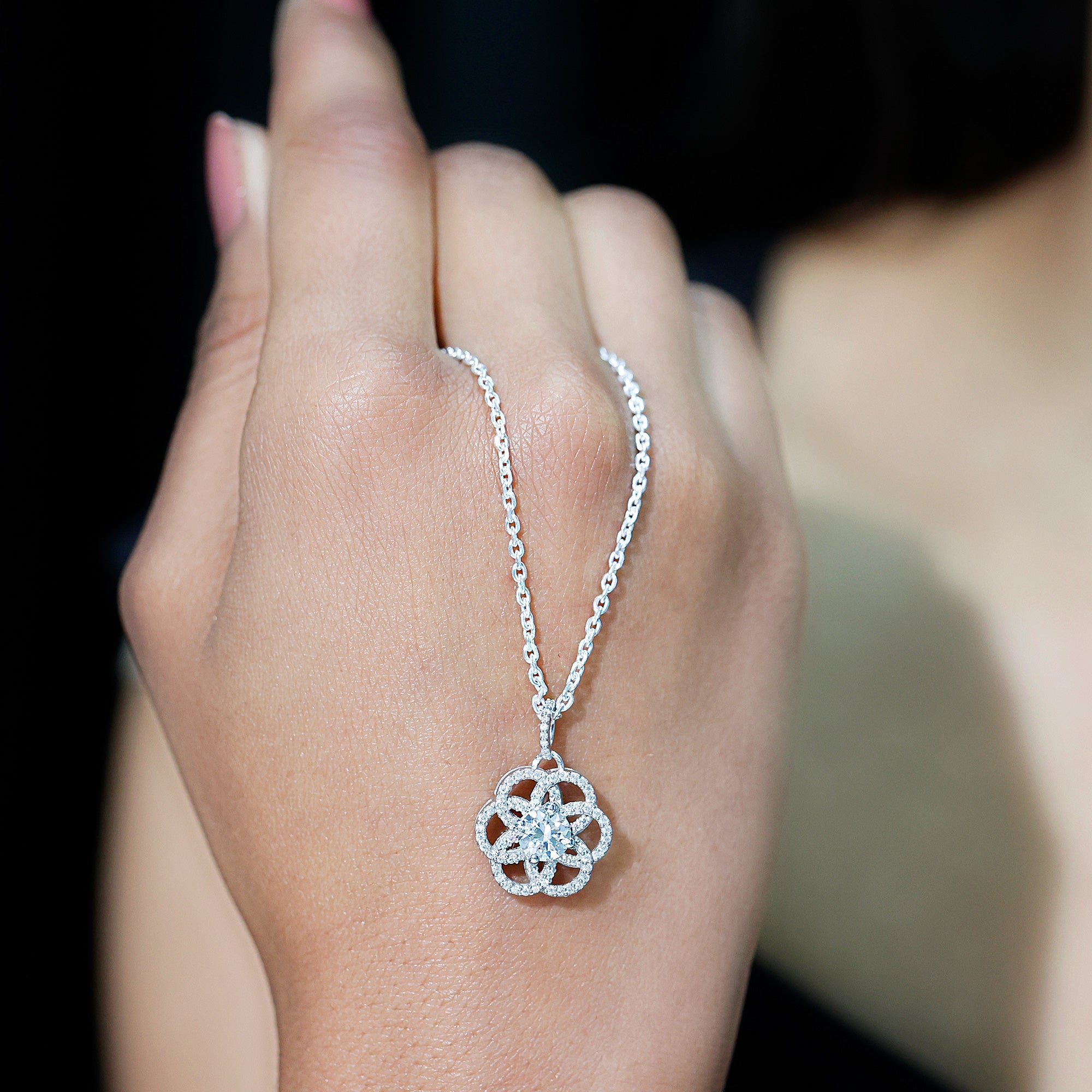 Certified Moissanite Flower Necklace with Silver Chain D-VS1 92.5 Sterling Silver - Rosec Jewels