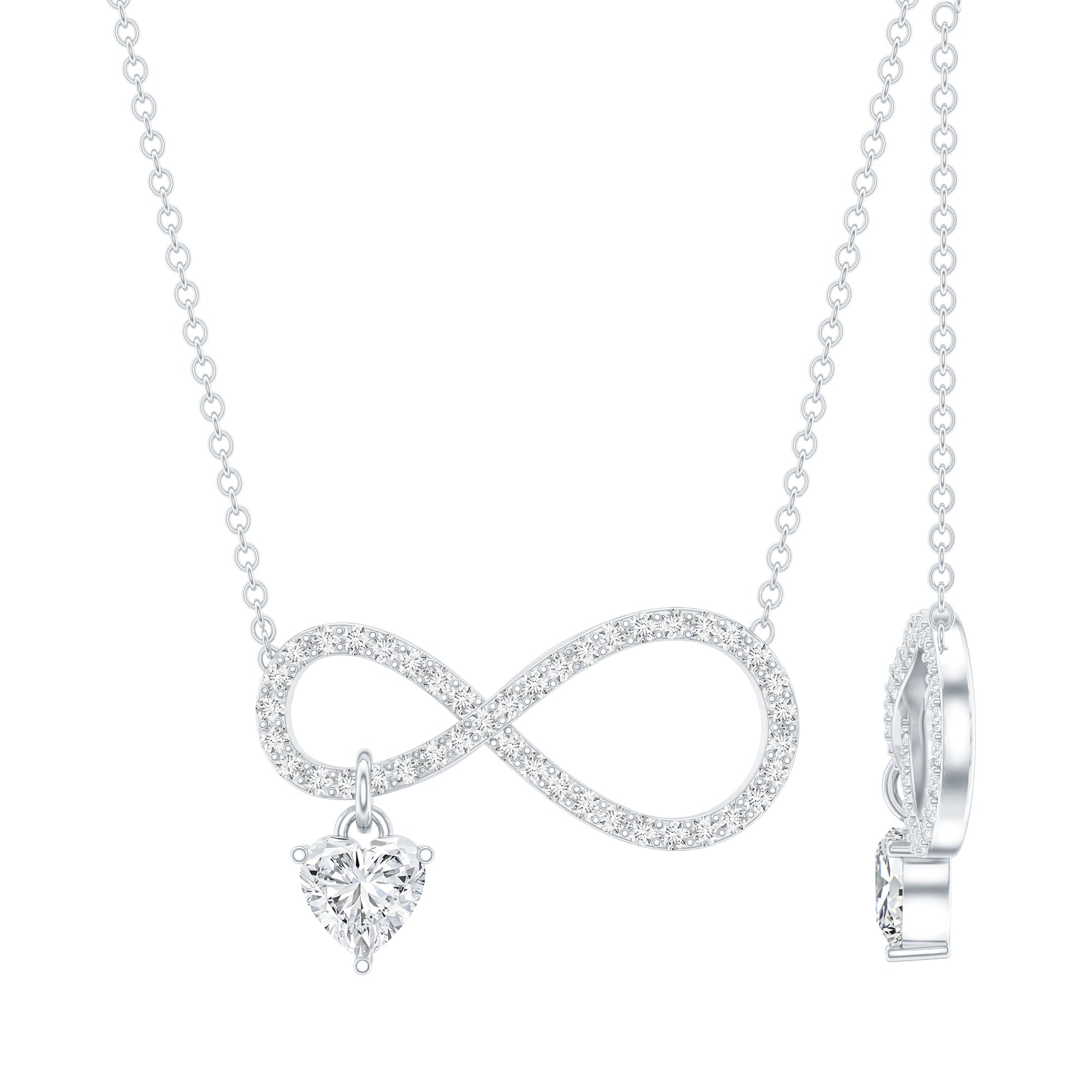 Sterling Silver Moissanite Infinity Necklace with Heart Charm D-VS1 92.5 Sterling Silver - Rosec Jewels