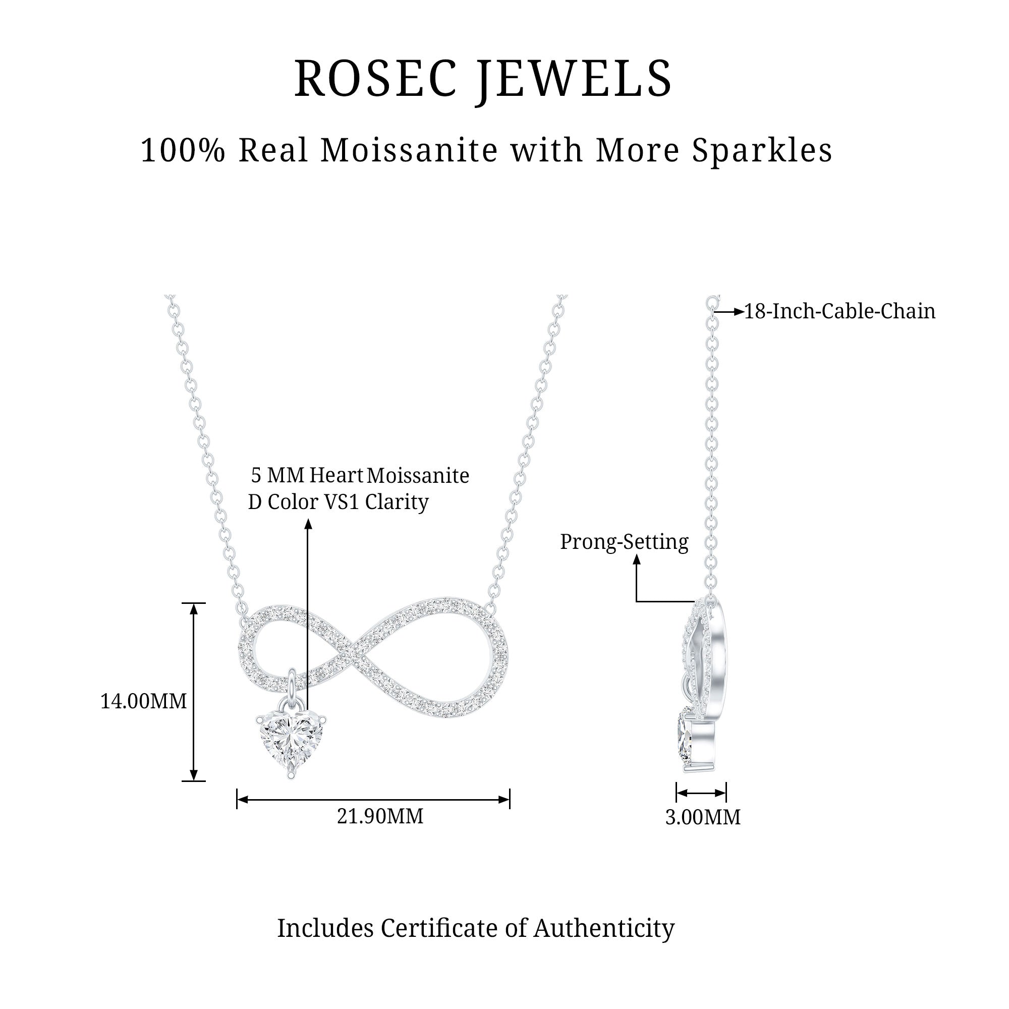 Sterling Silver Moissanite Infinity Necklace with Heart Charm D-VS1 92.5 Sterling Silver - Rosec Jewels