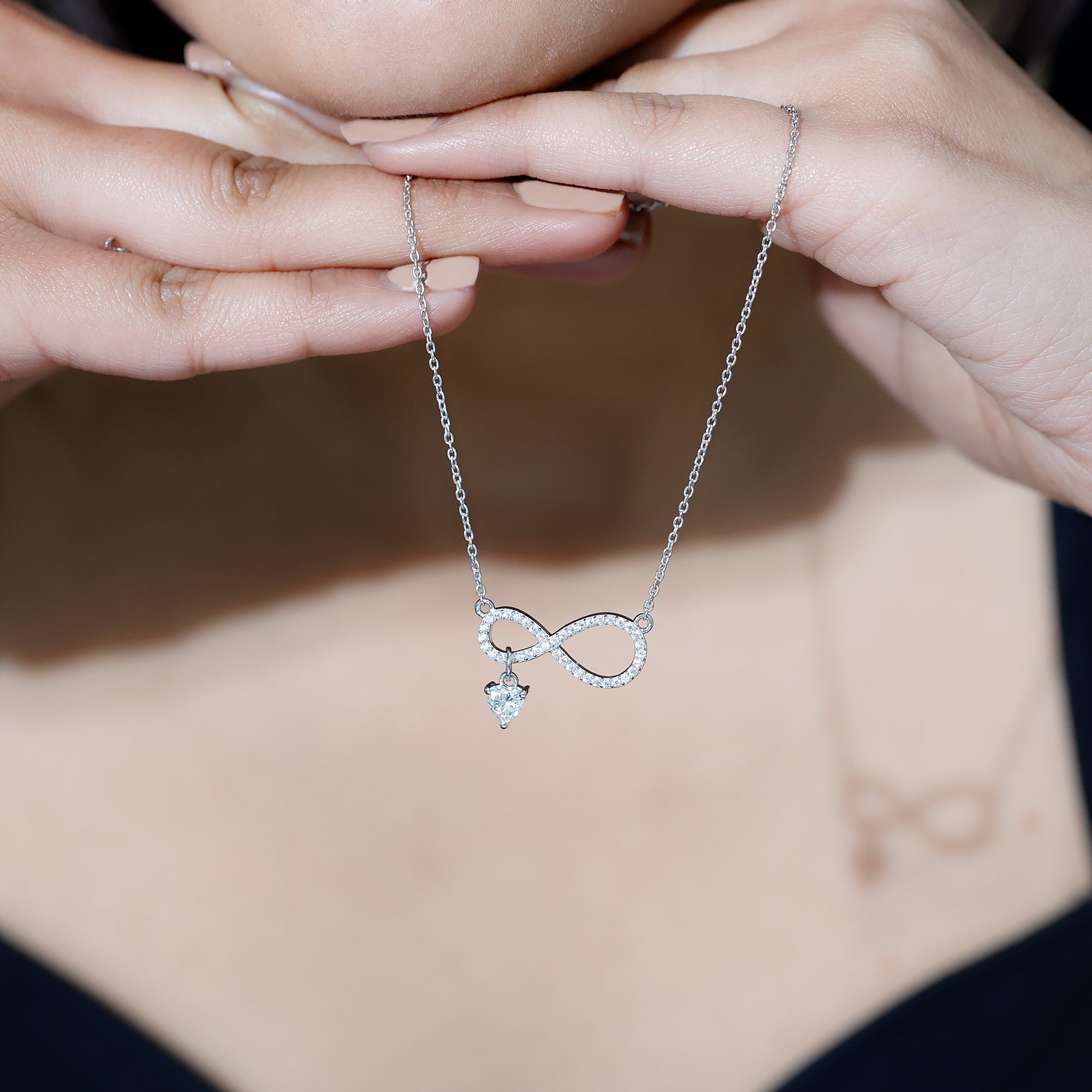 Sterling Silver Moissanite Infinity Necklace with Heart Charm D-VS1 92.5 Sterling Silver - Rosec Jewels
