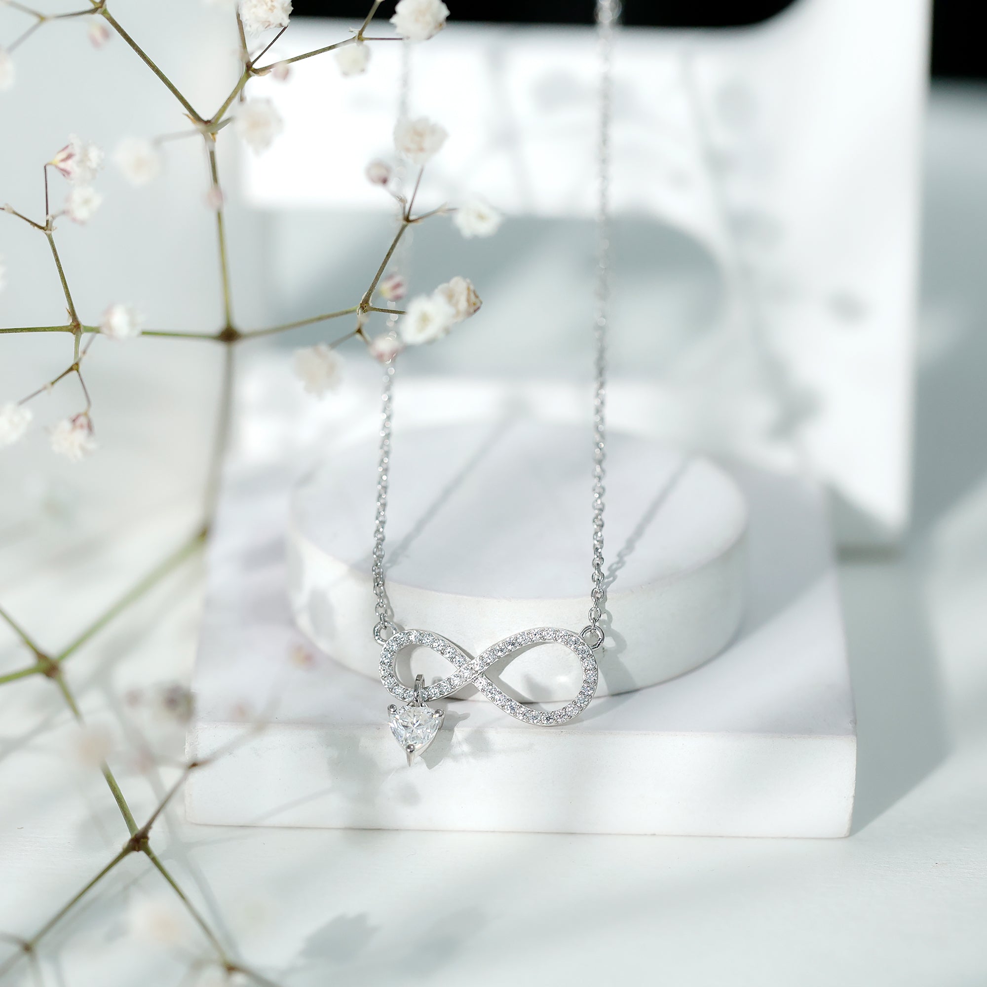 Sterling Silver Moissanite Infinity Necklace with Heart Charm D-VS1 92.5 Sterling Silver - Rosec Jewels