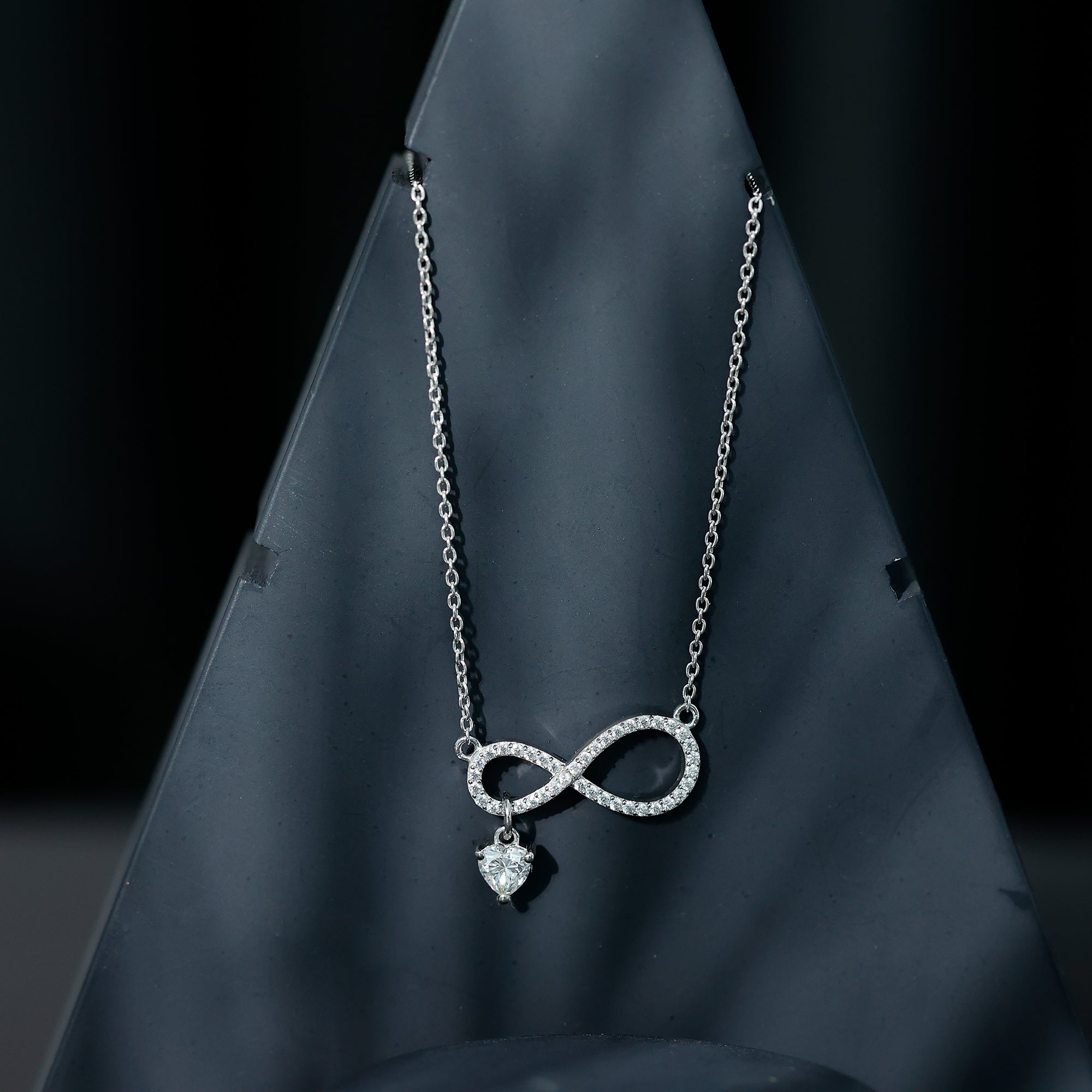 Sterling Silver Moissanite Infinity Necklace with Heart Charm D-VS1 92.5 Sterling Silver - Rosec Jewels