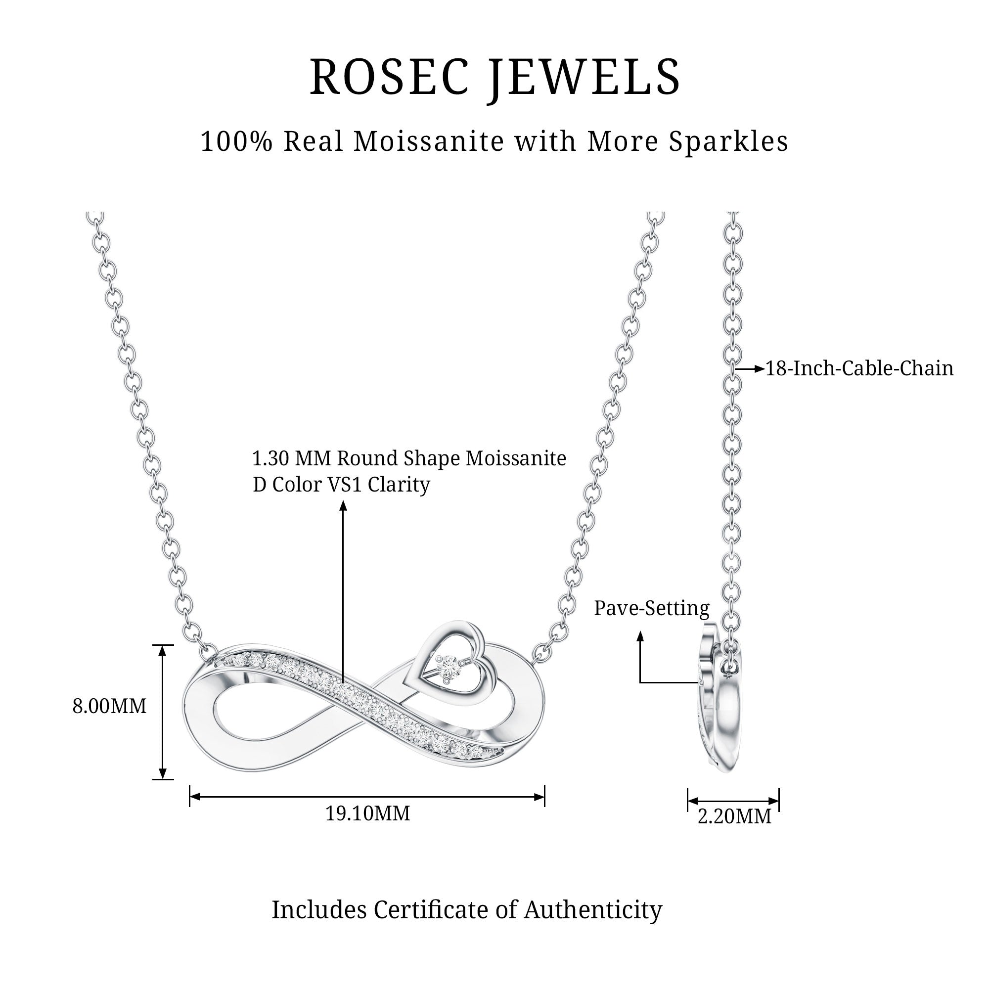Minimalist Moissanite Infinity Heart Necklace in 14K Gold Plated Silver D-VS1 92.5 Sterling Silver - Rosec Jewels