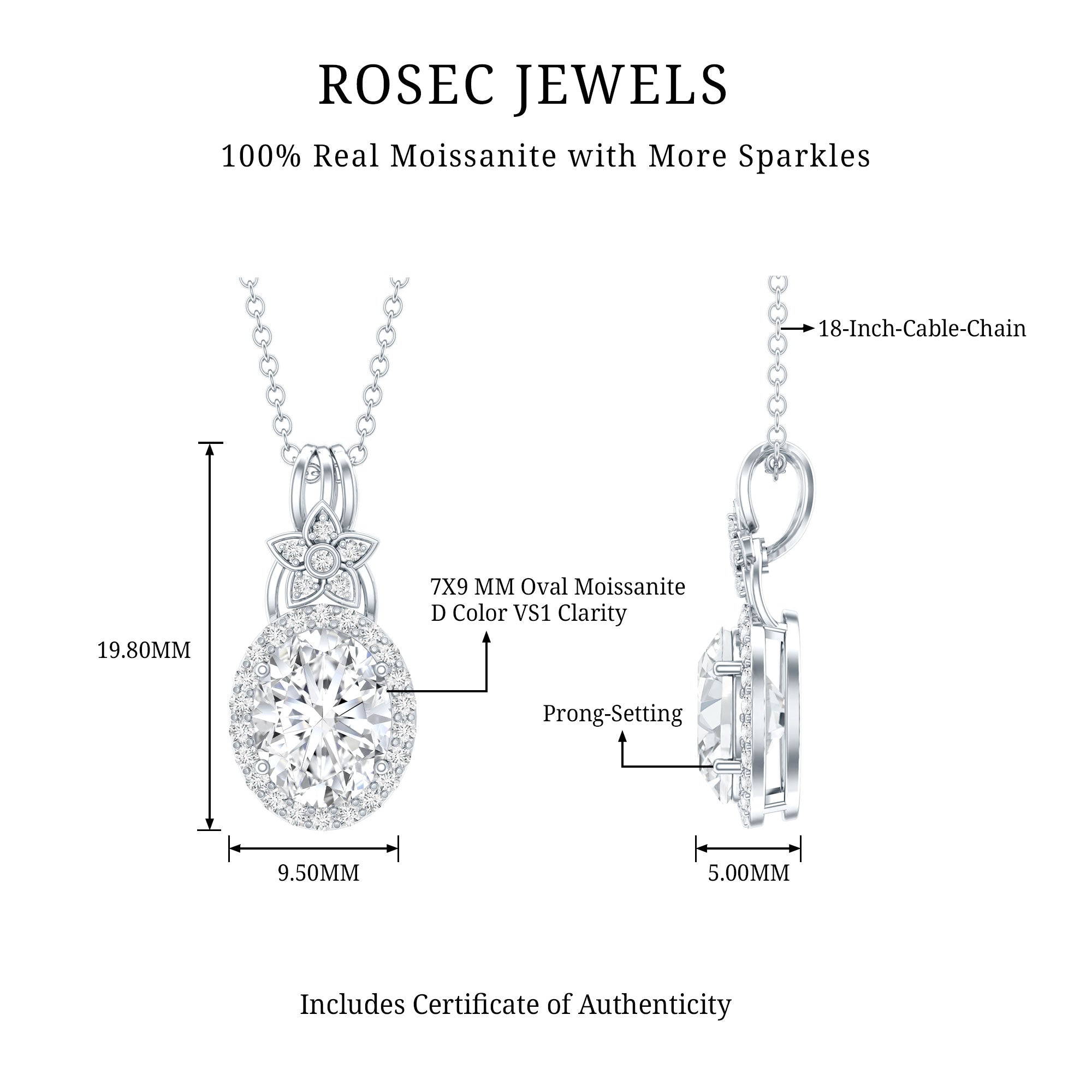 2 Carat Vintage Inspired Moissanite Halo Necklace in 14k Gold Plated Silver D-VS1 92.5 Sterling Silver - Rosec Jewels