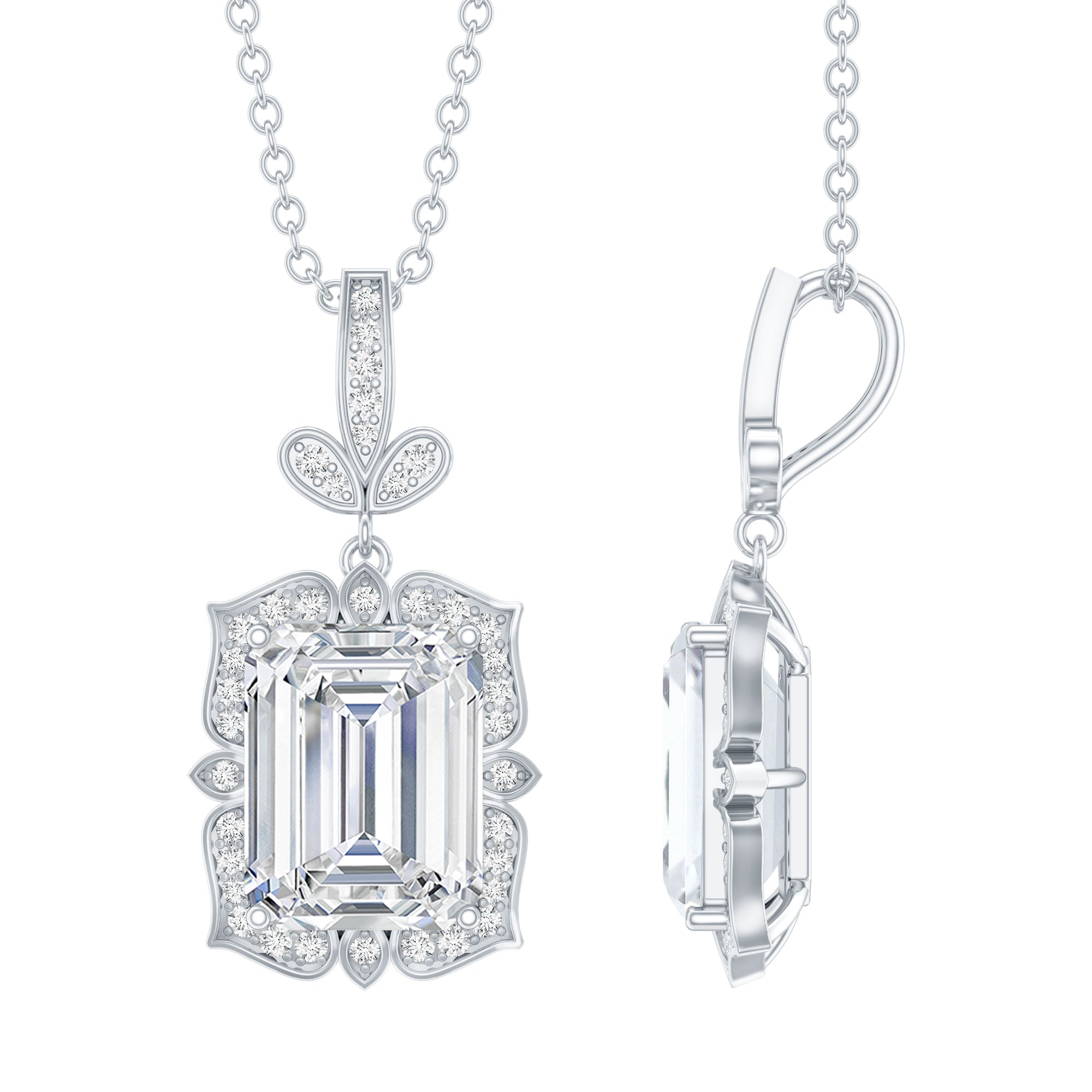 2.8 Carat Vintage Inspired Moissanite Emerald Cut Necklace With Silver Chain D-VS1 92.5 Sterling Silver - Rosec Jewels
