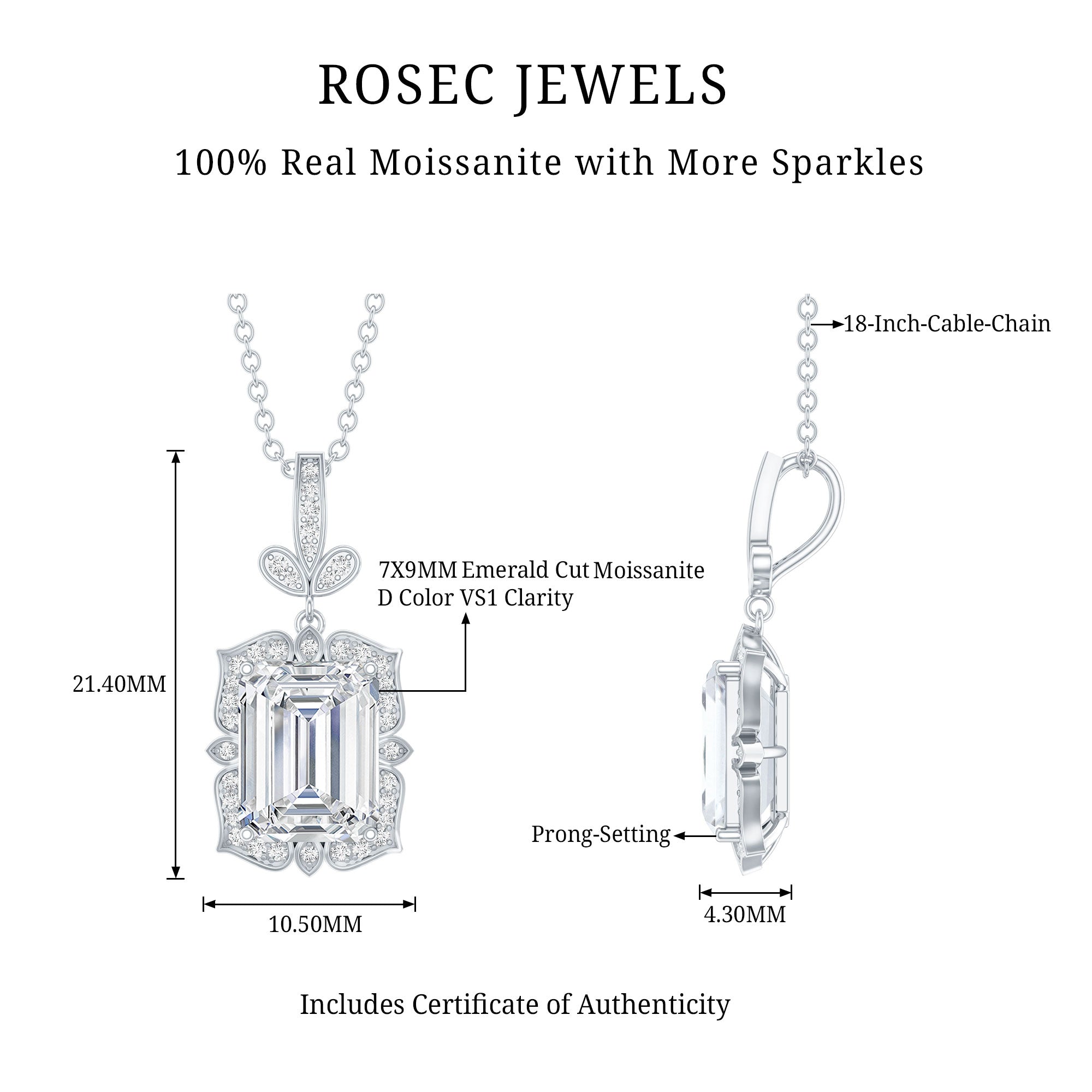 2.8 Carat Vintage Inspired Moissanite Emerald Cut Necklace With Silver Chain D-VS1 92.5 Sterling Silver - Rosec Jewels