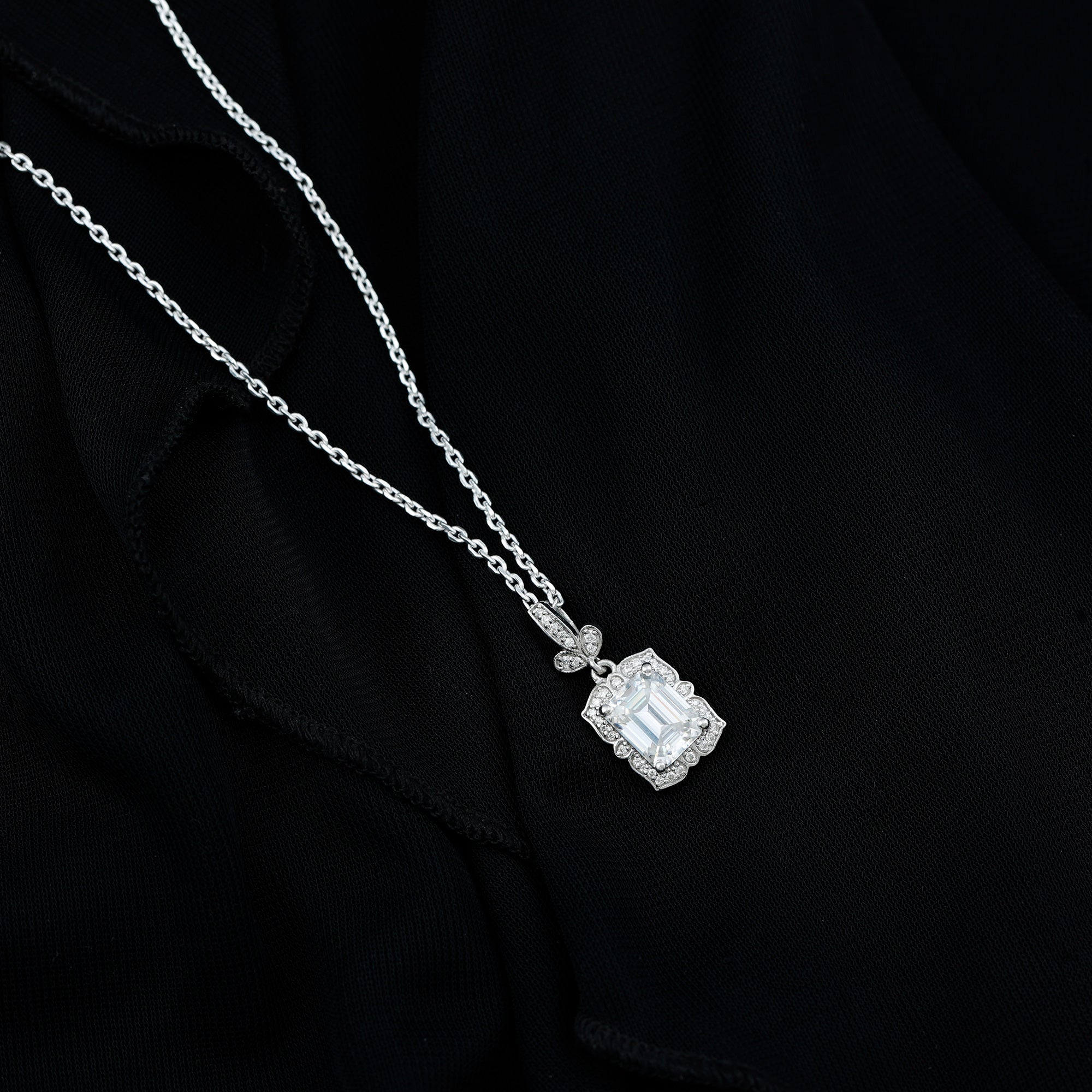 2.8 Carat Vintage Inspired Moissanite Emerald Cut Necklace With Silver Chain D-VS1 92.5 Sterling Silver - Rosec Jewels