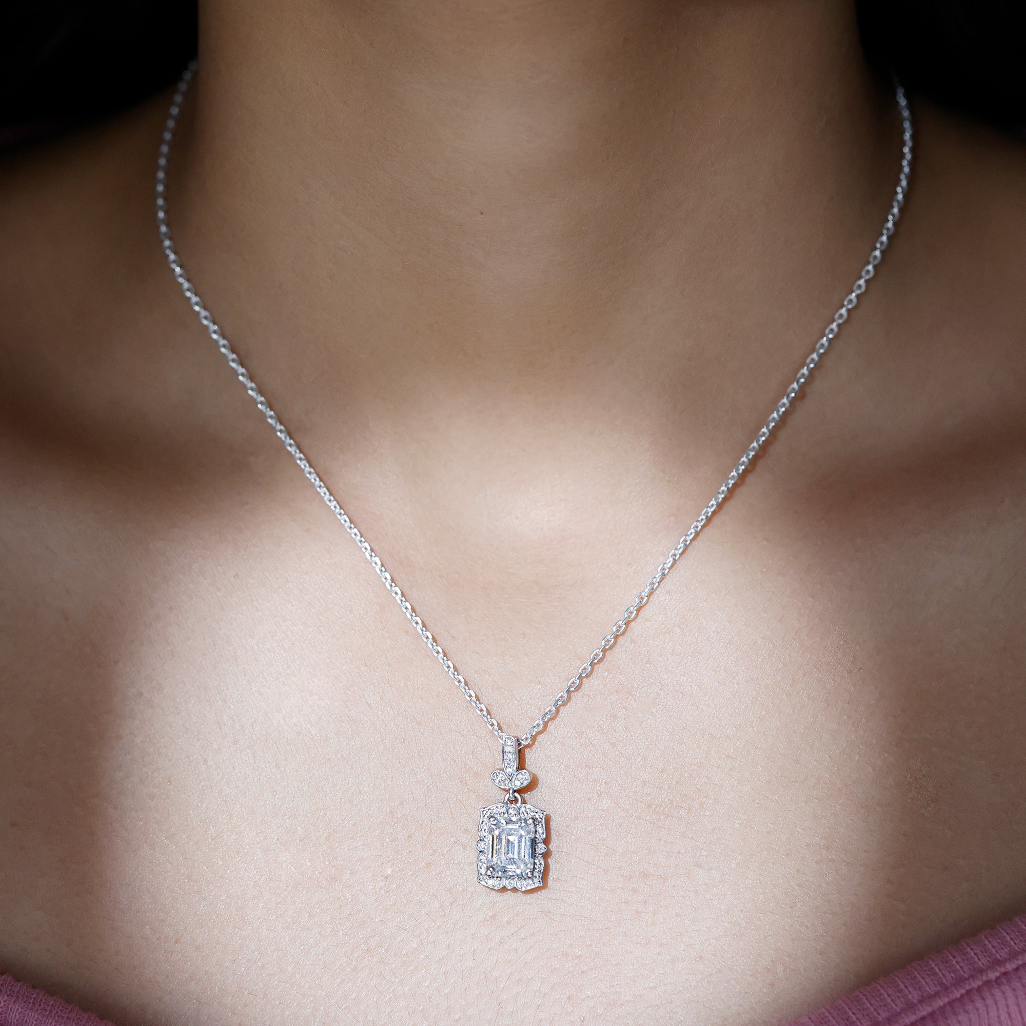 2.8 Carat Vintage Inspired Moissanite Emerald Cut Necklace With Silver Chain D-VS1 92.5 Sterling Silver - Rosec Jewels