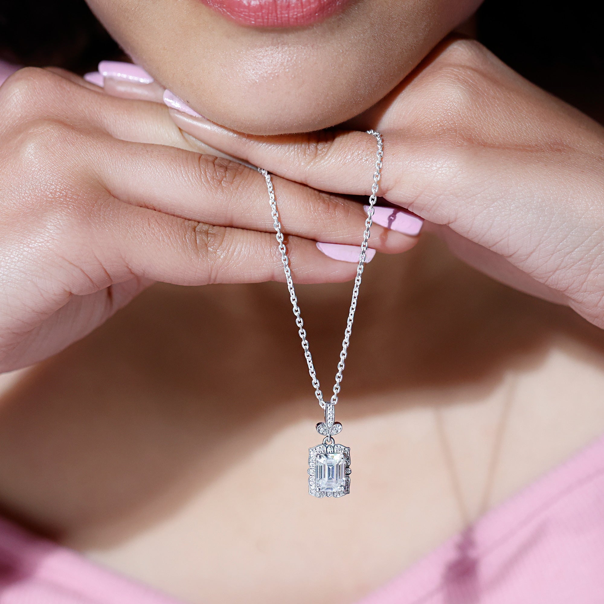 2.8 Carat Vintage Inspired Moissanite Emerald Cut Necklace With Silver Chain D-VS1 92.5 Sterling Silver - Rosec Jewels