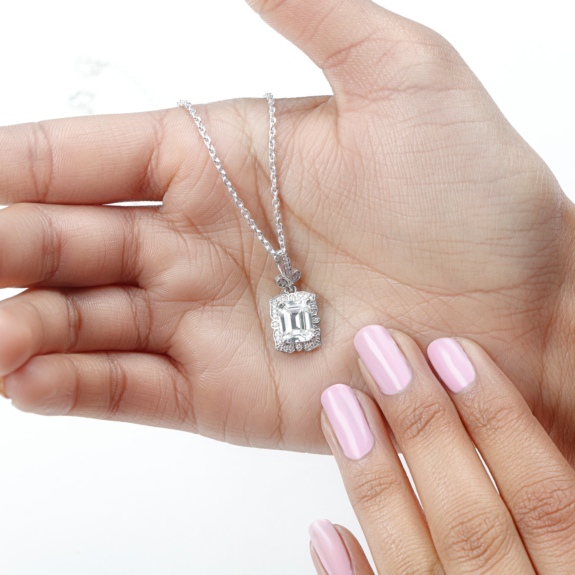 2.8 Carat Vintage Inspired Moissanite Emerald Cut Necklace With Silver Chain D-VS1 92.5 Sterling Silver - Rosec Jewels
