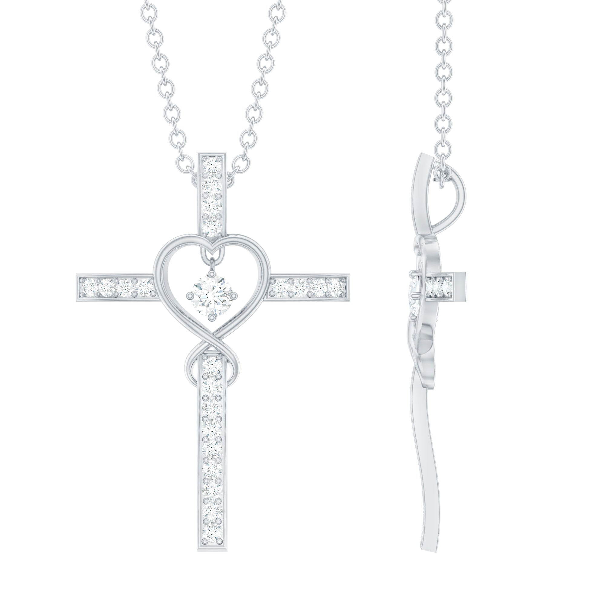 Certified Moissanite Catholic Cross Heart Necklace D-VS1 92.5 Sterling Silver - Rosec Jewels
