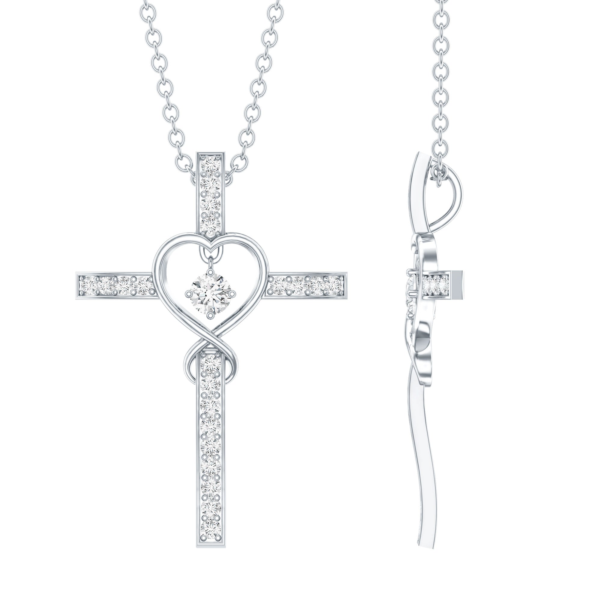Certified Moissanite Catholic Cross Heart Necklace D-VS1 92.5 Sterling Silver - Rosec Jewels