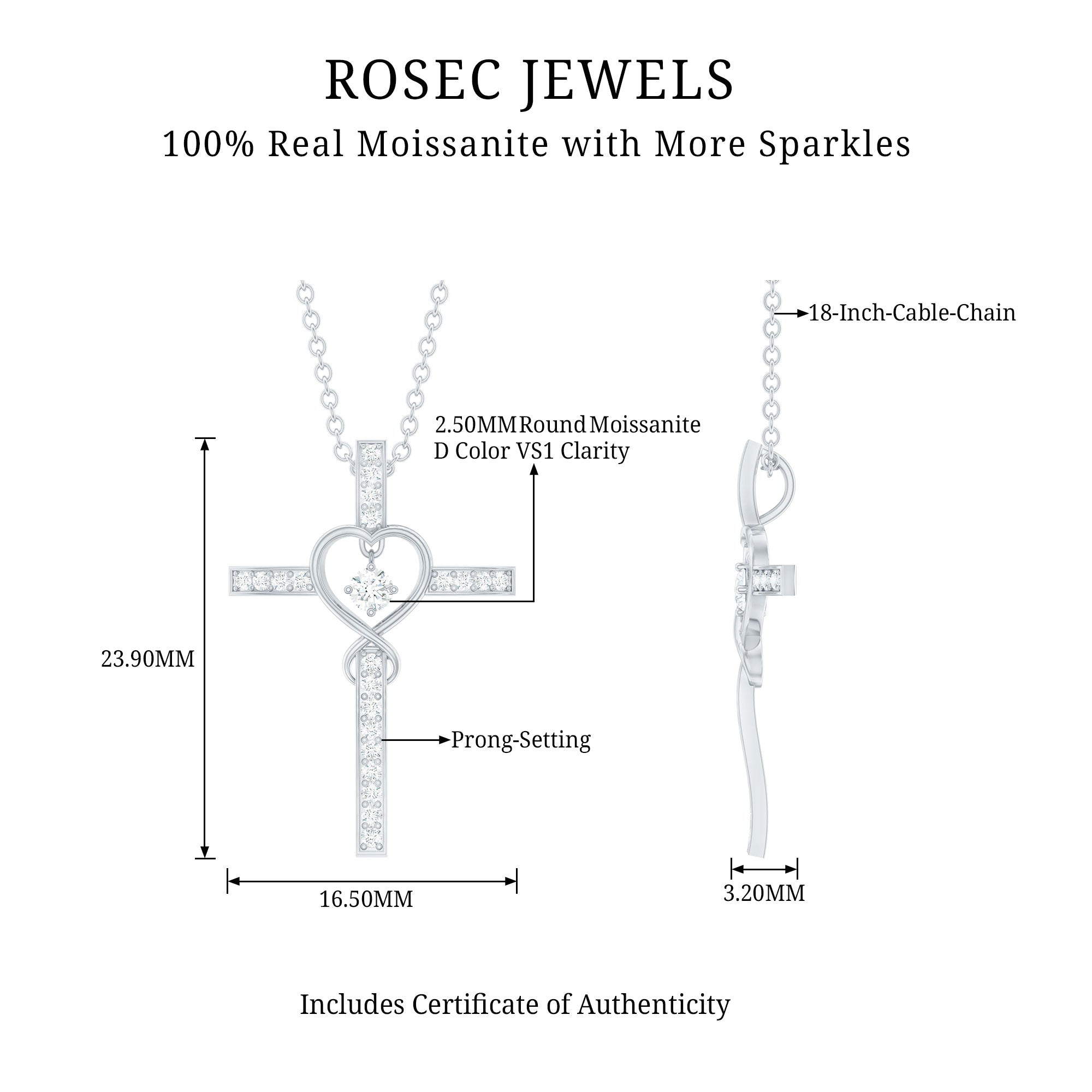 Certified Moissanite Catholic Cross Heart Necklace D-VS1 92.5 Sterling Silver - Rosec Jewels