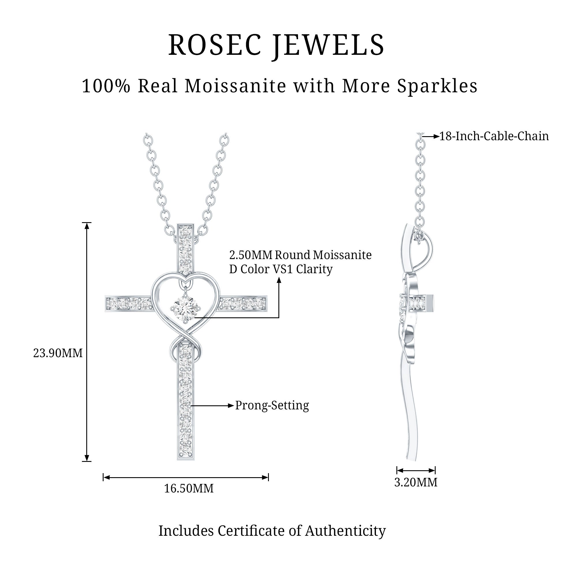 Certified Moissanite Catholic Cross Heart Necklace D-VS1 92.5 Sterling Silver - Rosec Jewels
