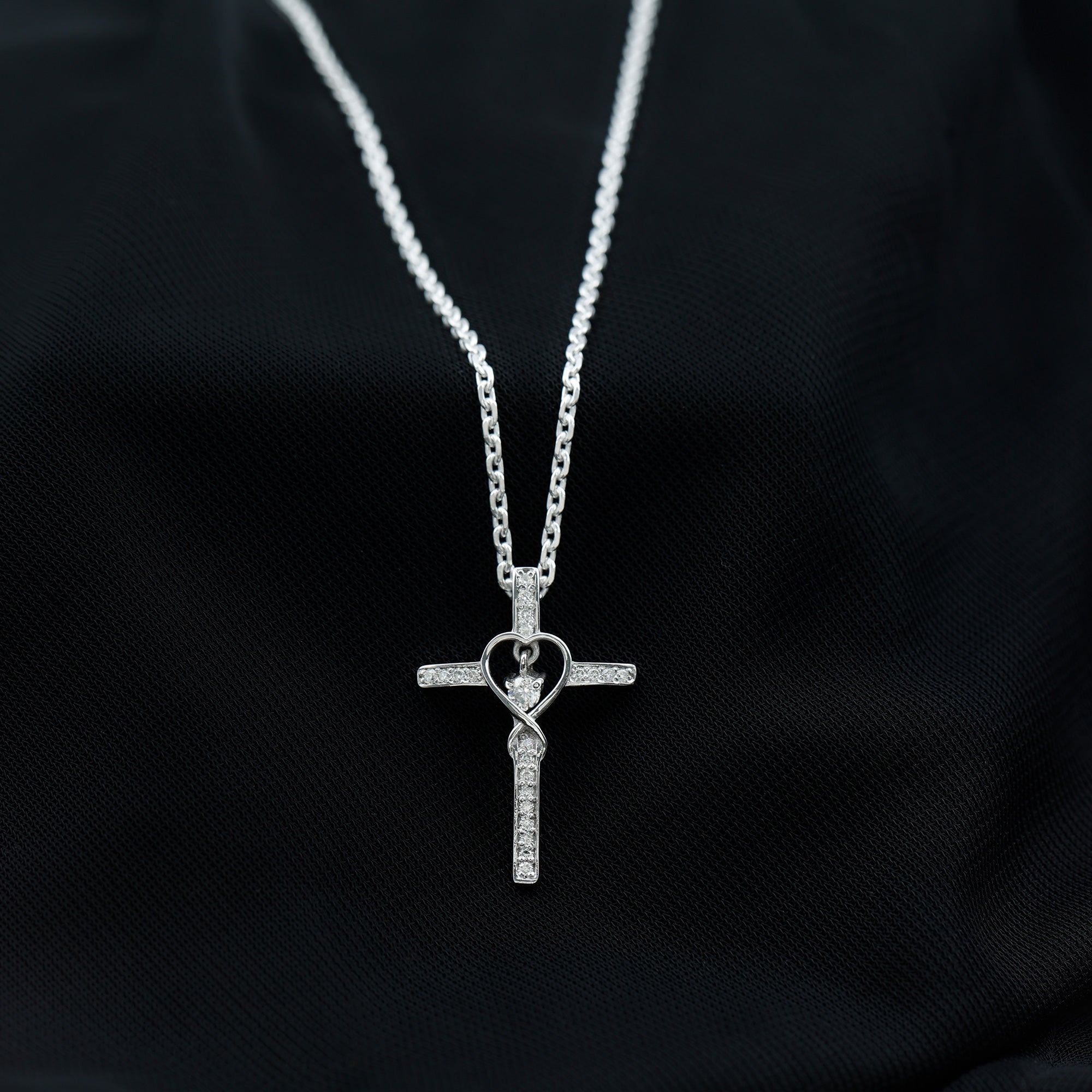 Certified Moissanite Catholic Cross Heart Necklace D-VS1 92.5 Sterling Silver - Rosec Jewels