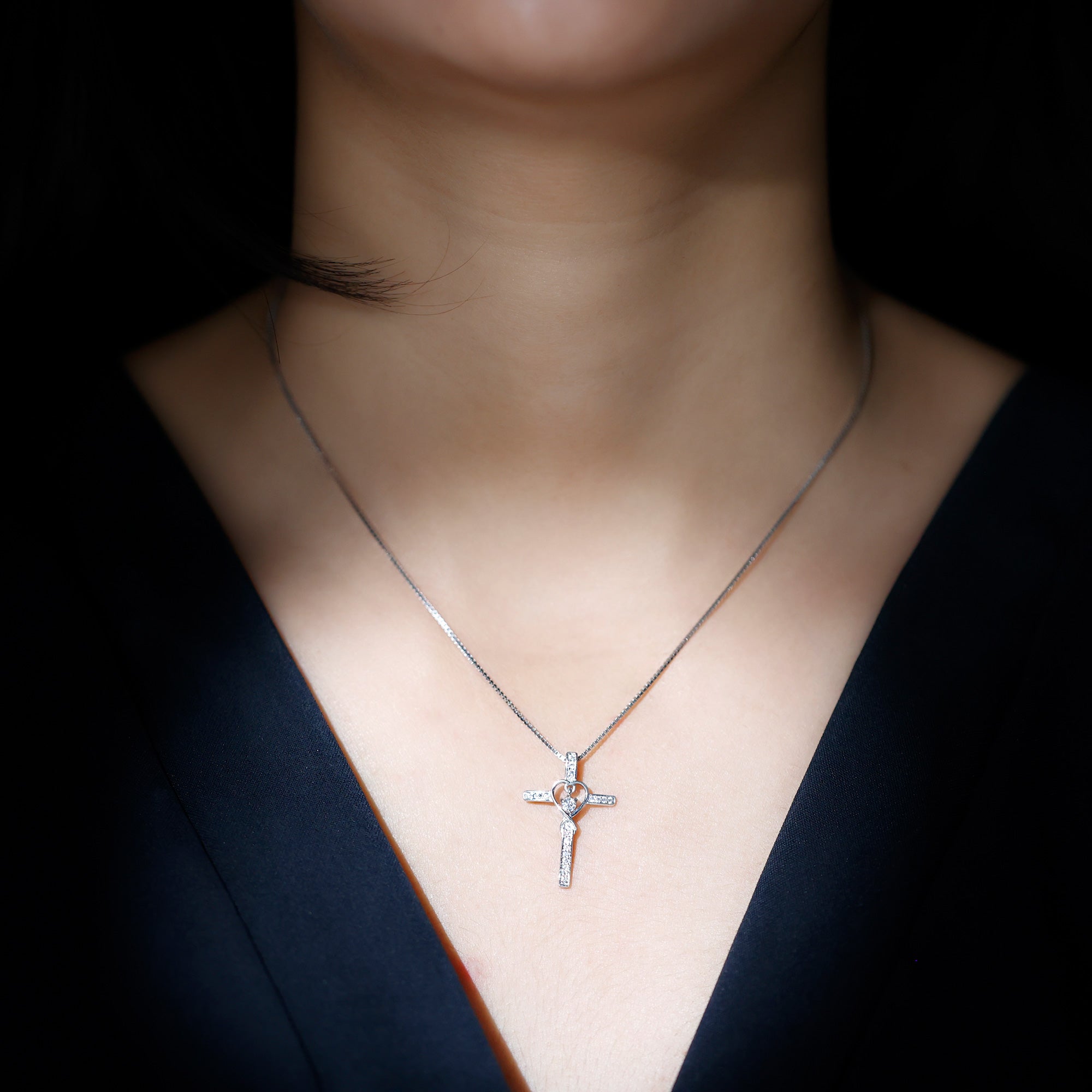 Certified Moissanite Catholic Cross Heart Necklace D-VS1 92.5 Sterling Silver - Rosec Jewels