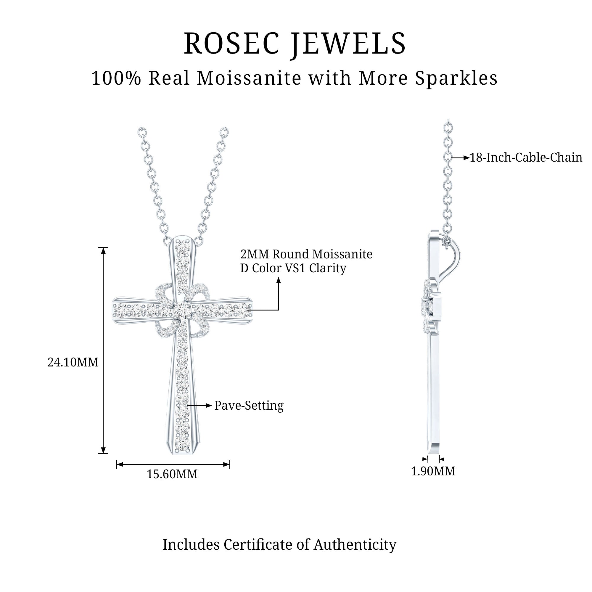 Certified Moissanite Cross Pendant with Silver Chain D-VS1 92.5 Sterling Silver - Rosec Jewels