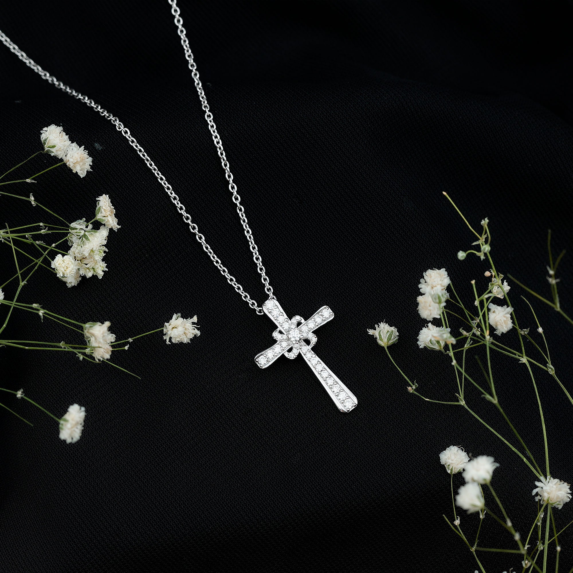 Certified Moissanite Cross Pendant with Silver Chain D-VS1 92.5 Sterling Silver - Rosec Jewels