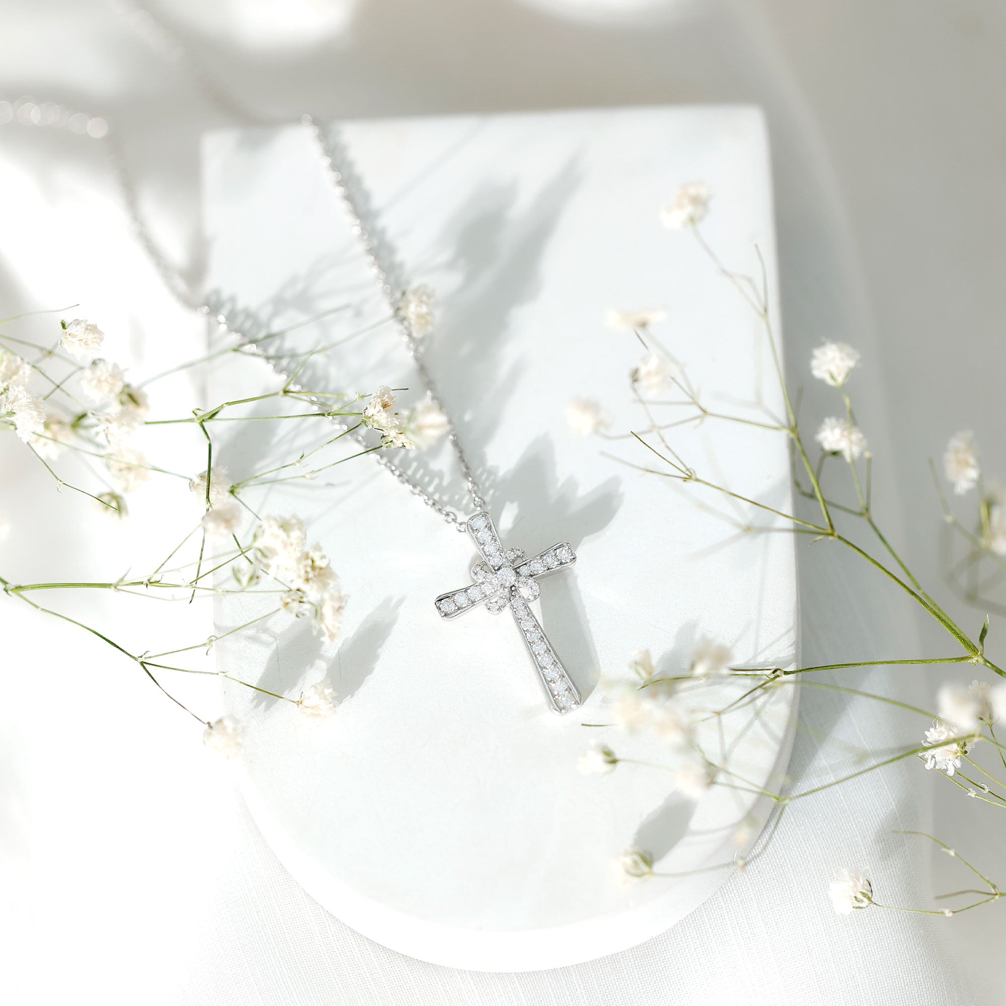 Certified Moissanite Cross Pendant with Silver Chain D-VS1 92.5 Sterling Silver - Rosec Jewels