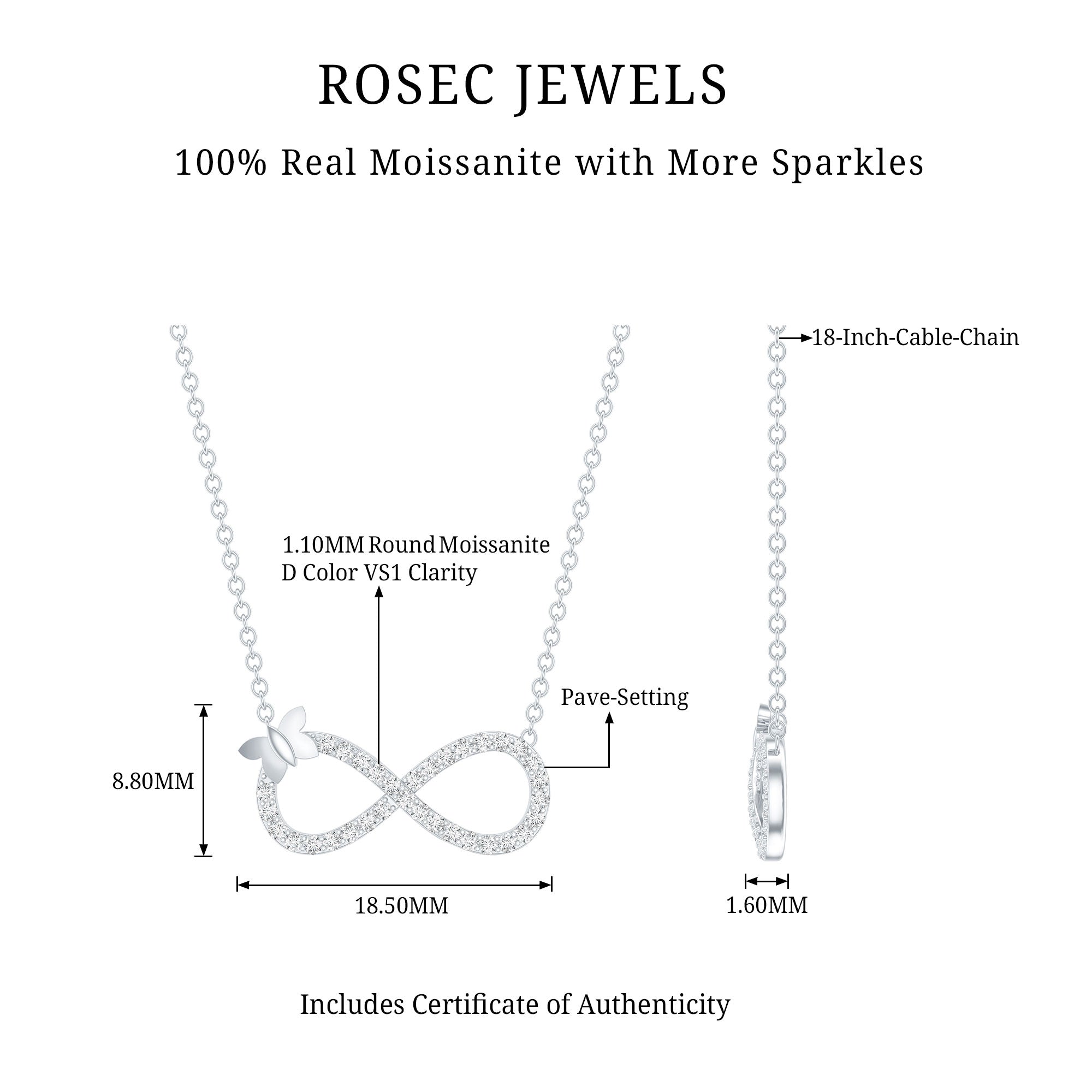 Certified Pave Set Moissanite Infinity Necklace with Butterfly D-VS1 92.5 Sterling Silver - Rosec Jewels