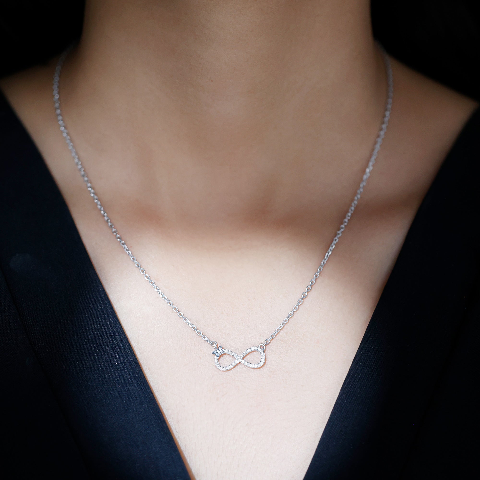 Certified Pave Set Moissanite Infinity Necklace with Butterfly D-VS1 92.5 Sterling Silver - Rosec Jewels