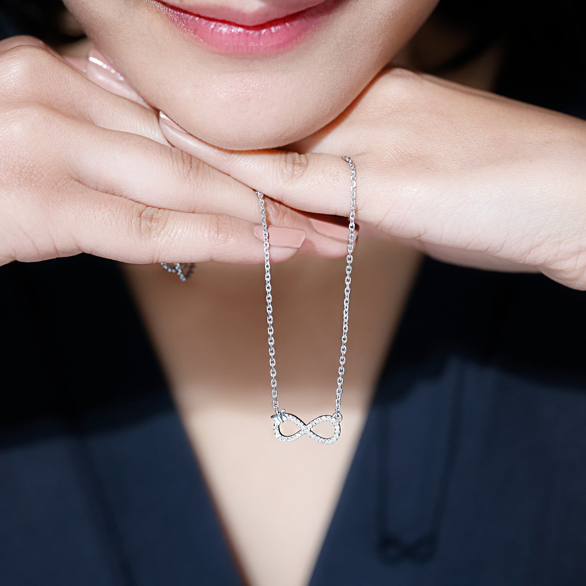 Certified Pave Set Moissanite Infinity Necklace with Butterfly D-VS1 92.5 Sterling Silver - Rosec Jewels