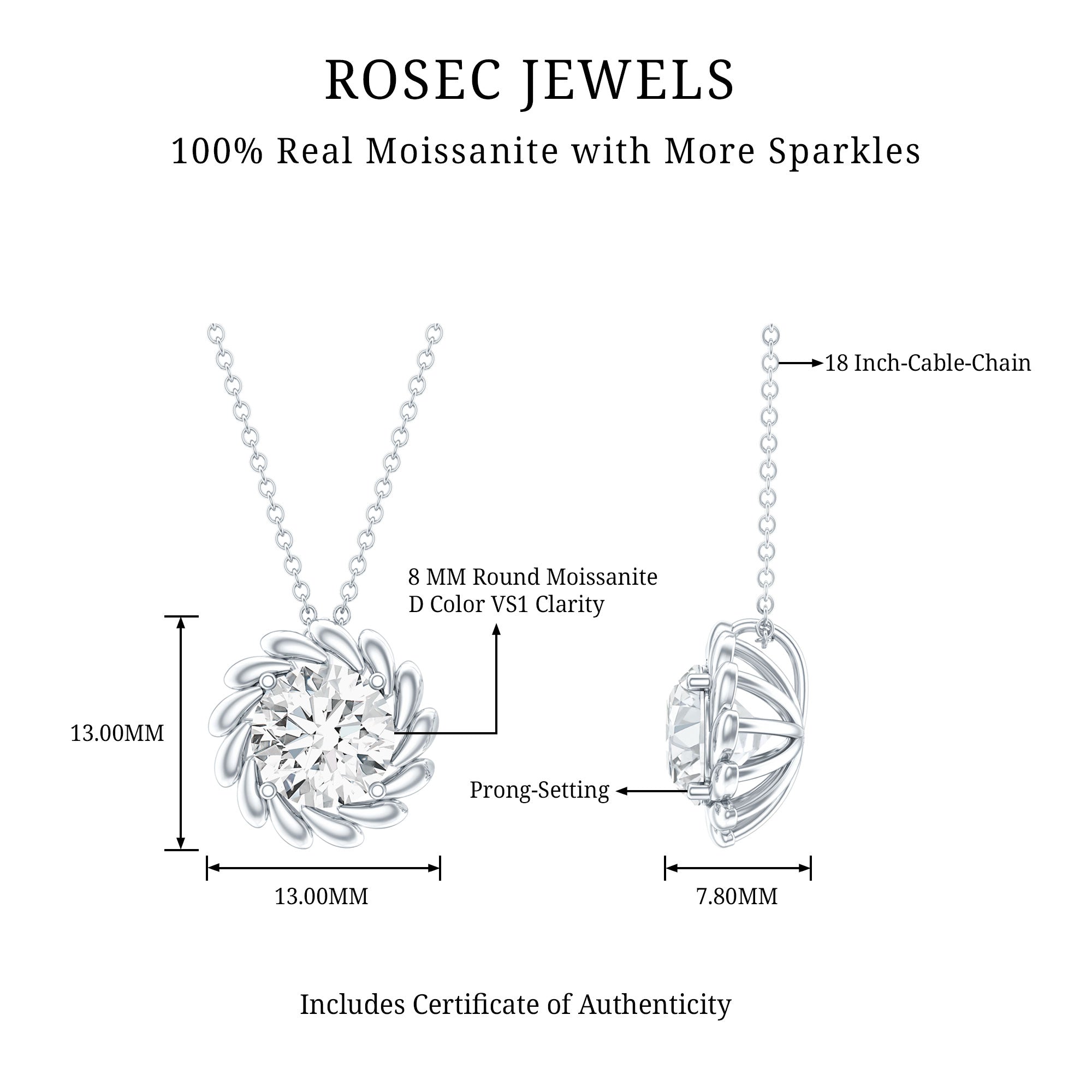 Certified 2 Carat Moissanite Solitaire Necklace with Silver Chain D-VS1 92.5 Sterling Silver - Rosec Jewels