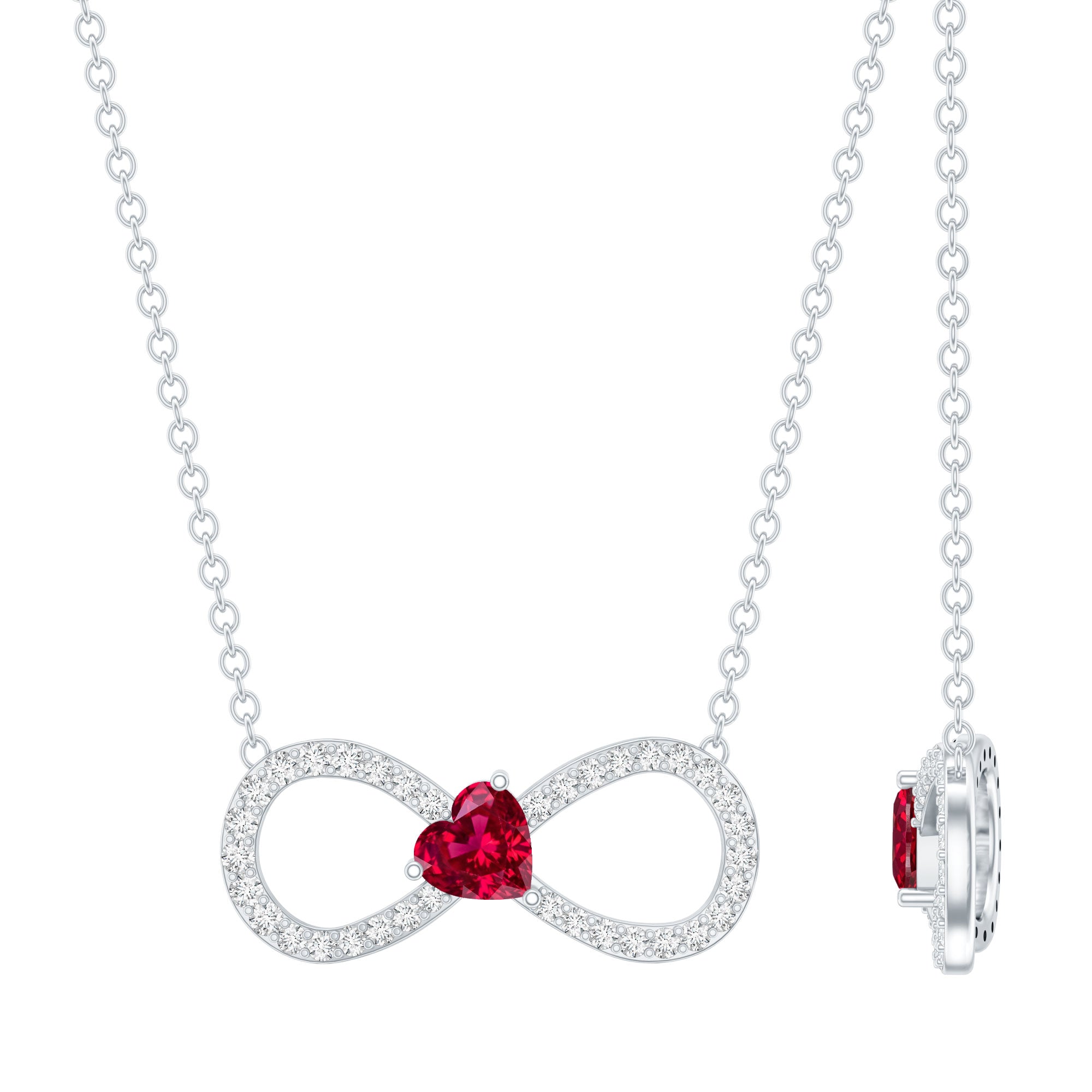 Half Carat Lab Grown Ruby and Moissanite Heart Infinity Necklace For Her AAAA 92.5 Sterling Silver - Rosec Jewels