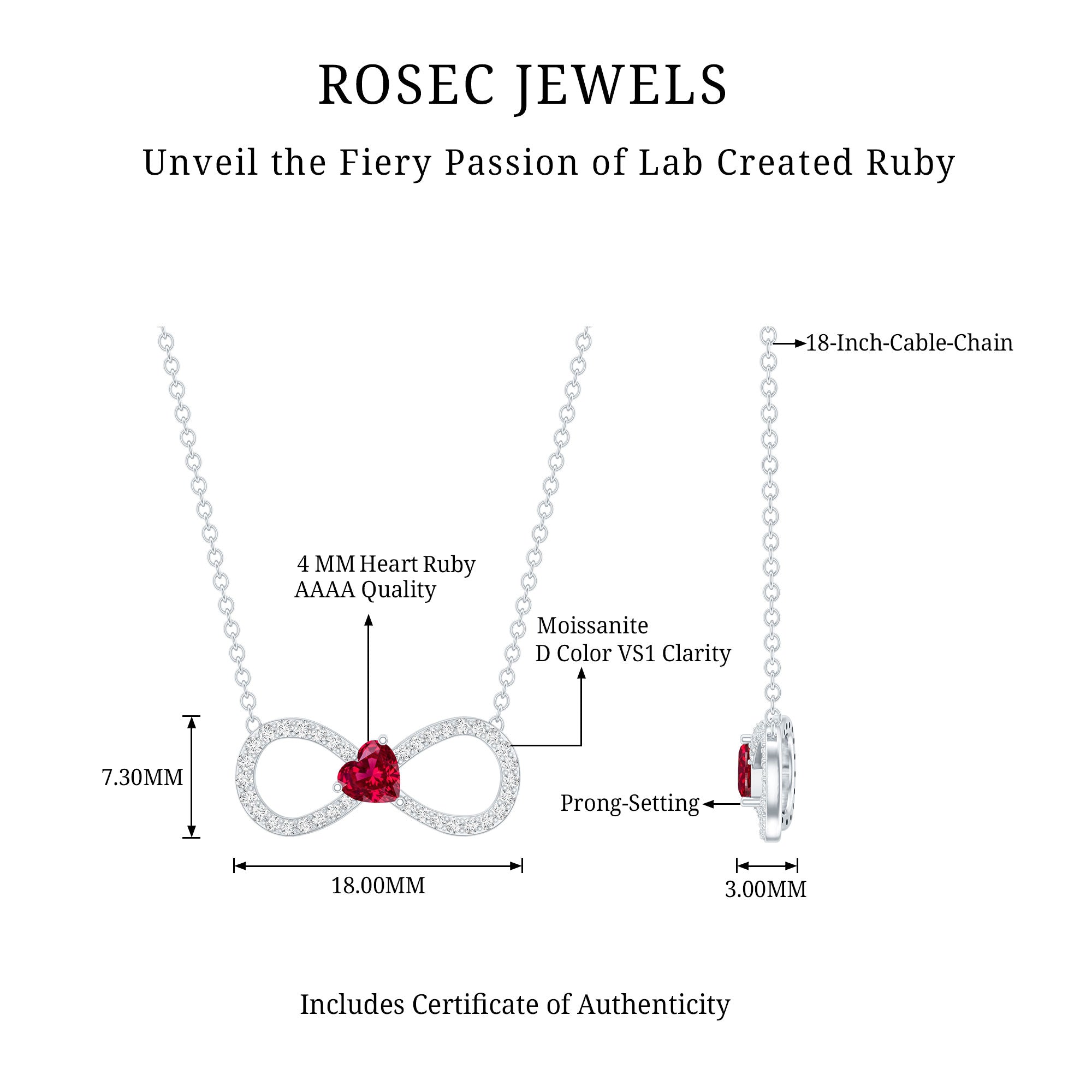 Half Carat Lab Grown Ruby and Moissanite Heart Infinity Necklace For Her AAAA 92.5 Sterling Silver - Rosec Jewels