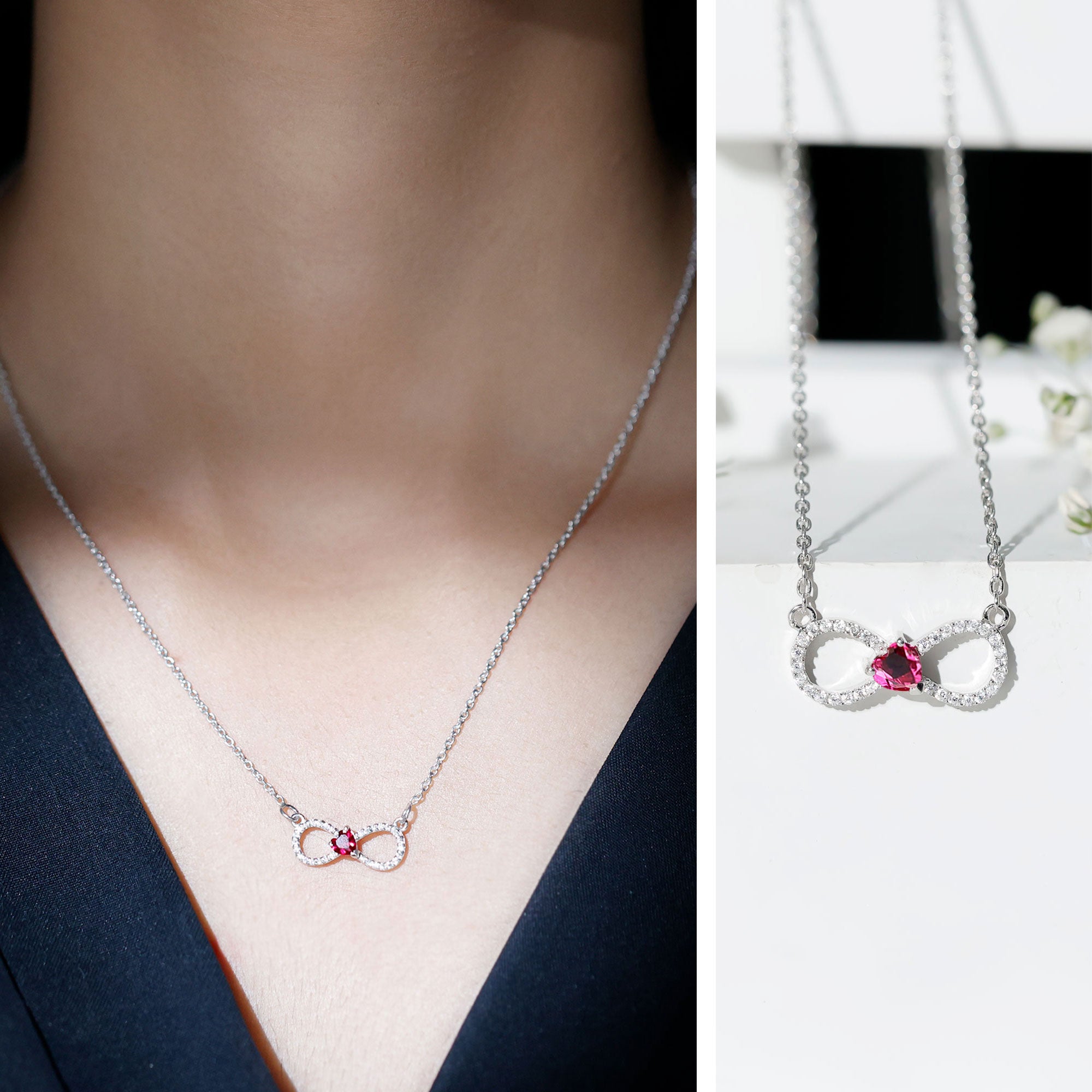 Half Carat Lab Grown Ruby and Moissanite Heart Infinity Necklace For Her AAAA 92.5 Sterling Silver - Rosec Jewels