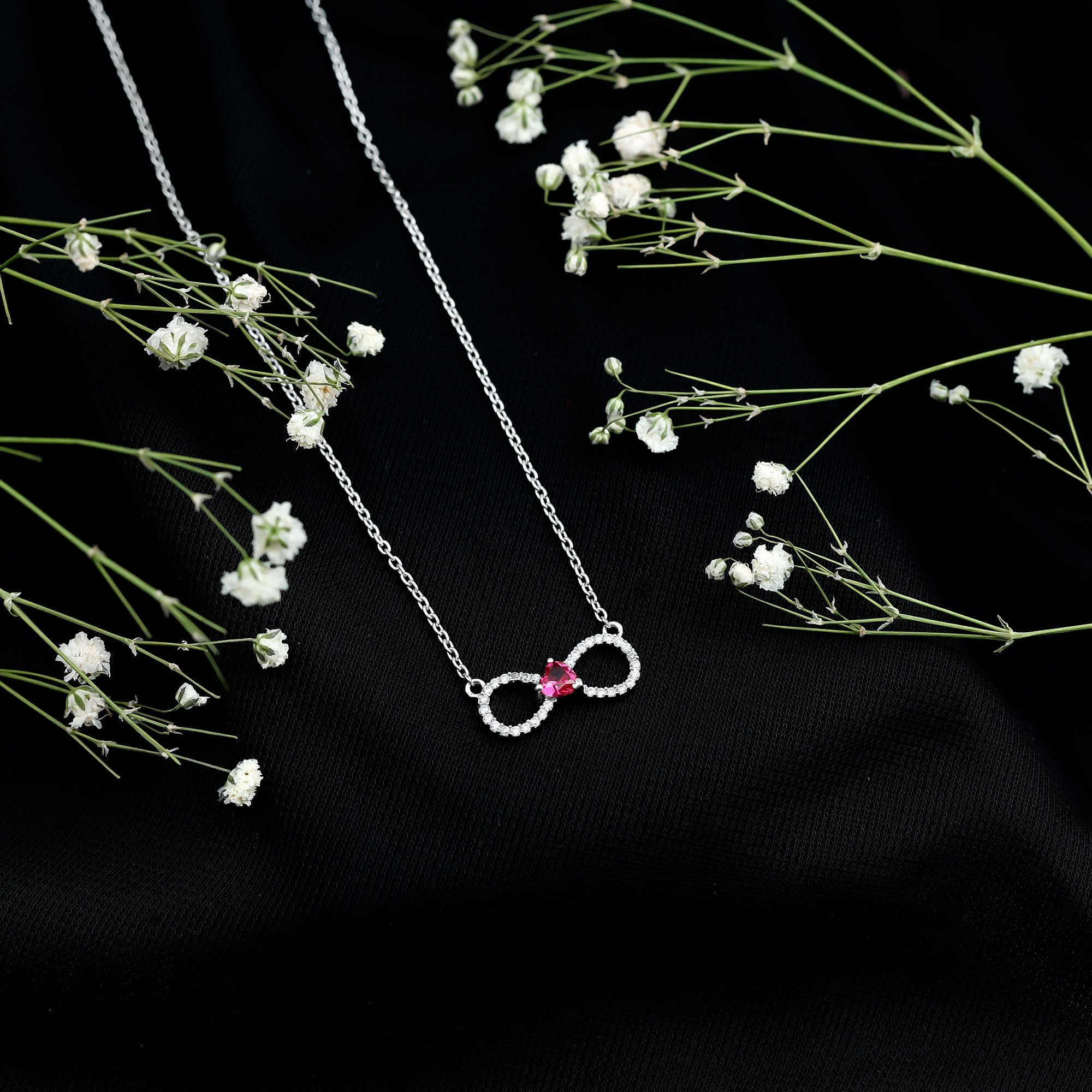 Half Carat Lab Grown Ruby and Moissanite Heart Infinity Necklace For Her AAAA 92.5 Sterling Silver - Rosec Jewels