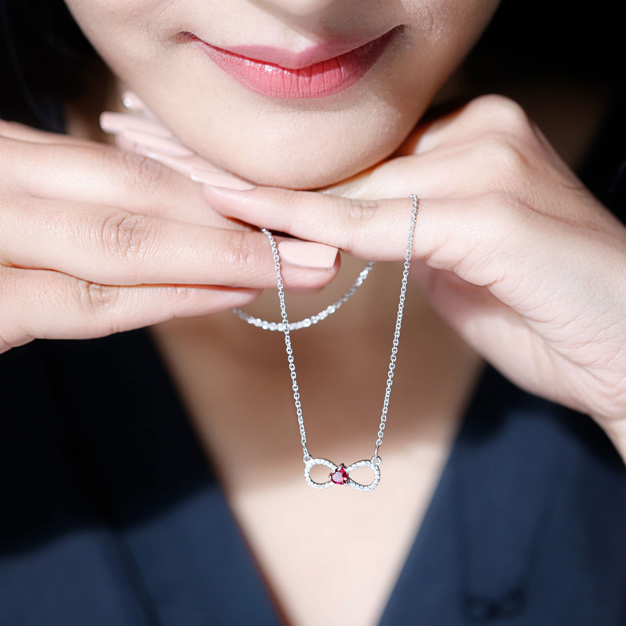 Half Carat Lab Grown Ruby and Moissanite Heart Infinity Necklace For Her AAAA 92.5 Sterling Silver - Rosec Jewels