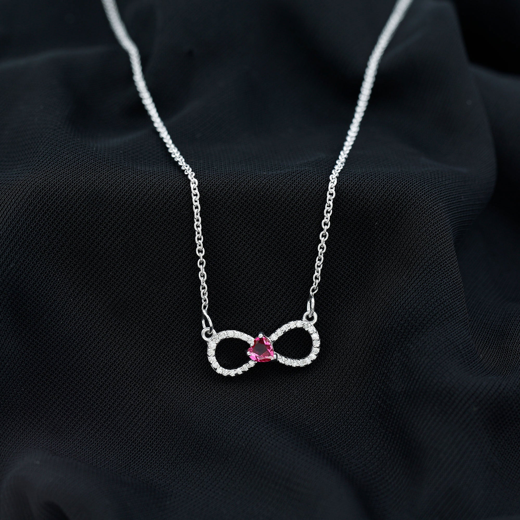 Half Carat Lab Grown Ruby and Moissanite Heart Infinity Necklace For Her AAAA 92.5 Sterling Silver - Rosec Jewels