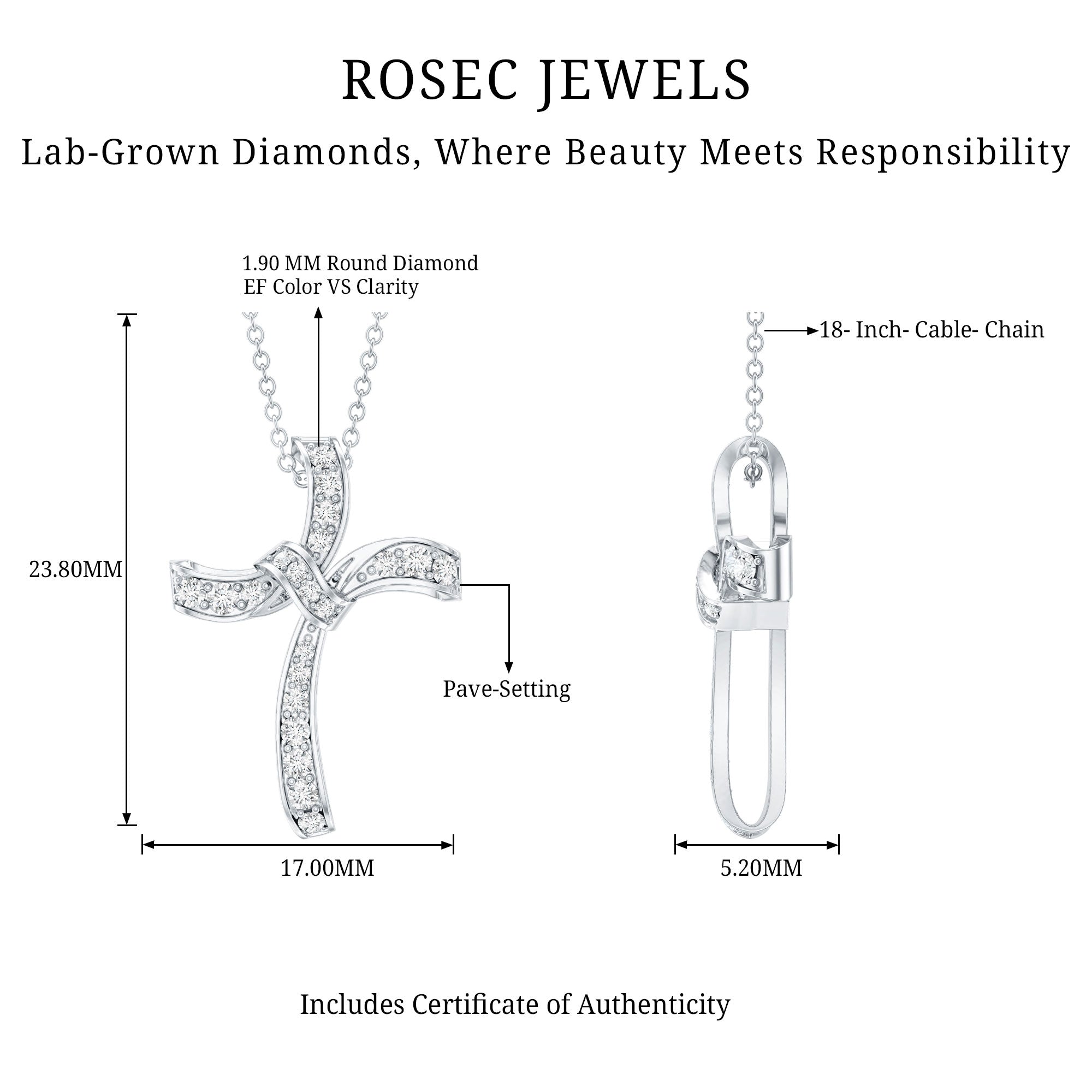Certified Moissanite Unique Cross Necklace in Sterling Silver D-VS1 92.5 Sterling Silver - Rosec Jewels