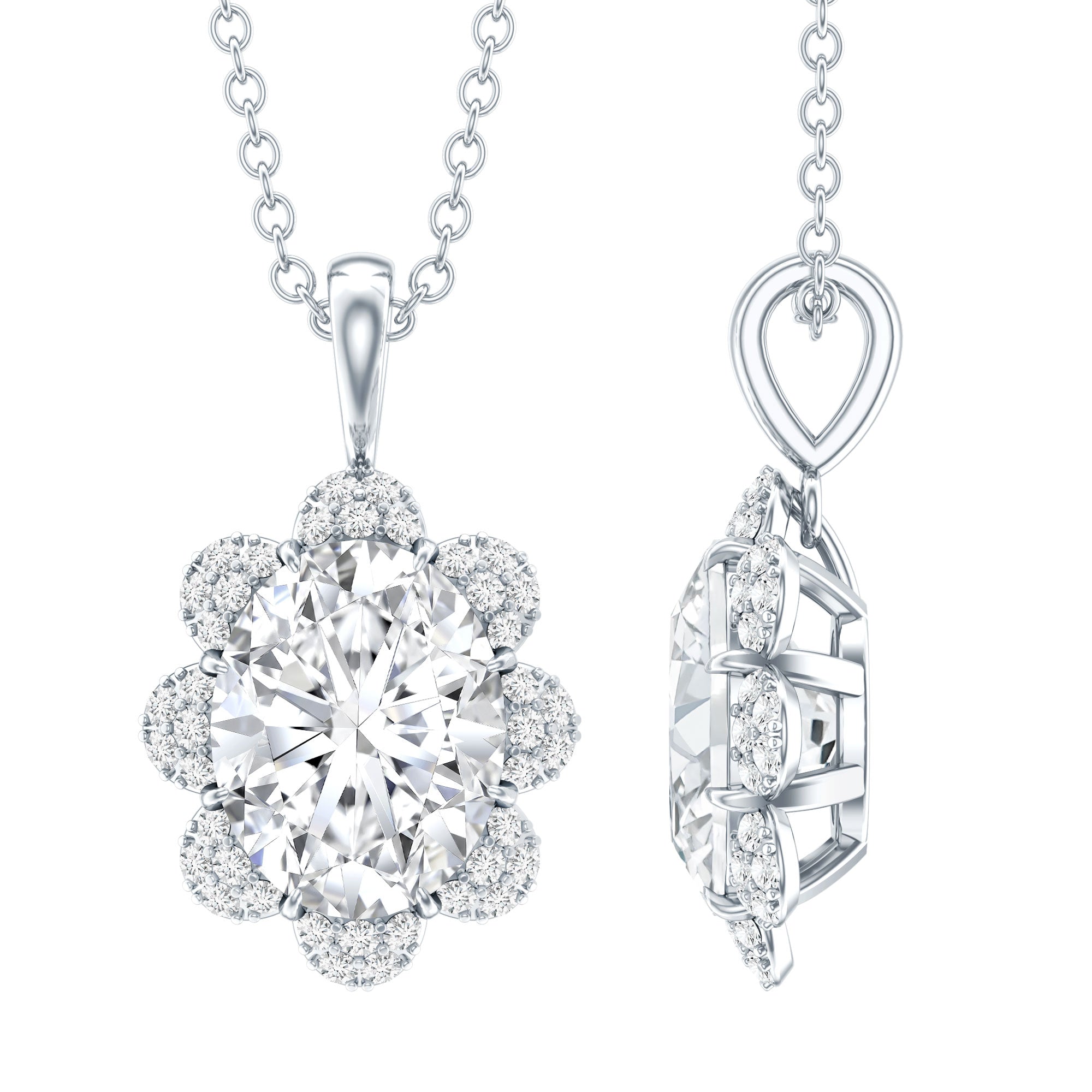 2 Carat Flower Inspired Moissanite Oval Necklace with Silver Chain D-VS1 92.5 Sterling Silver - Rosec Jewels
