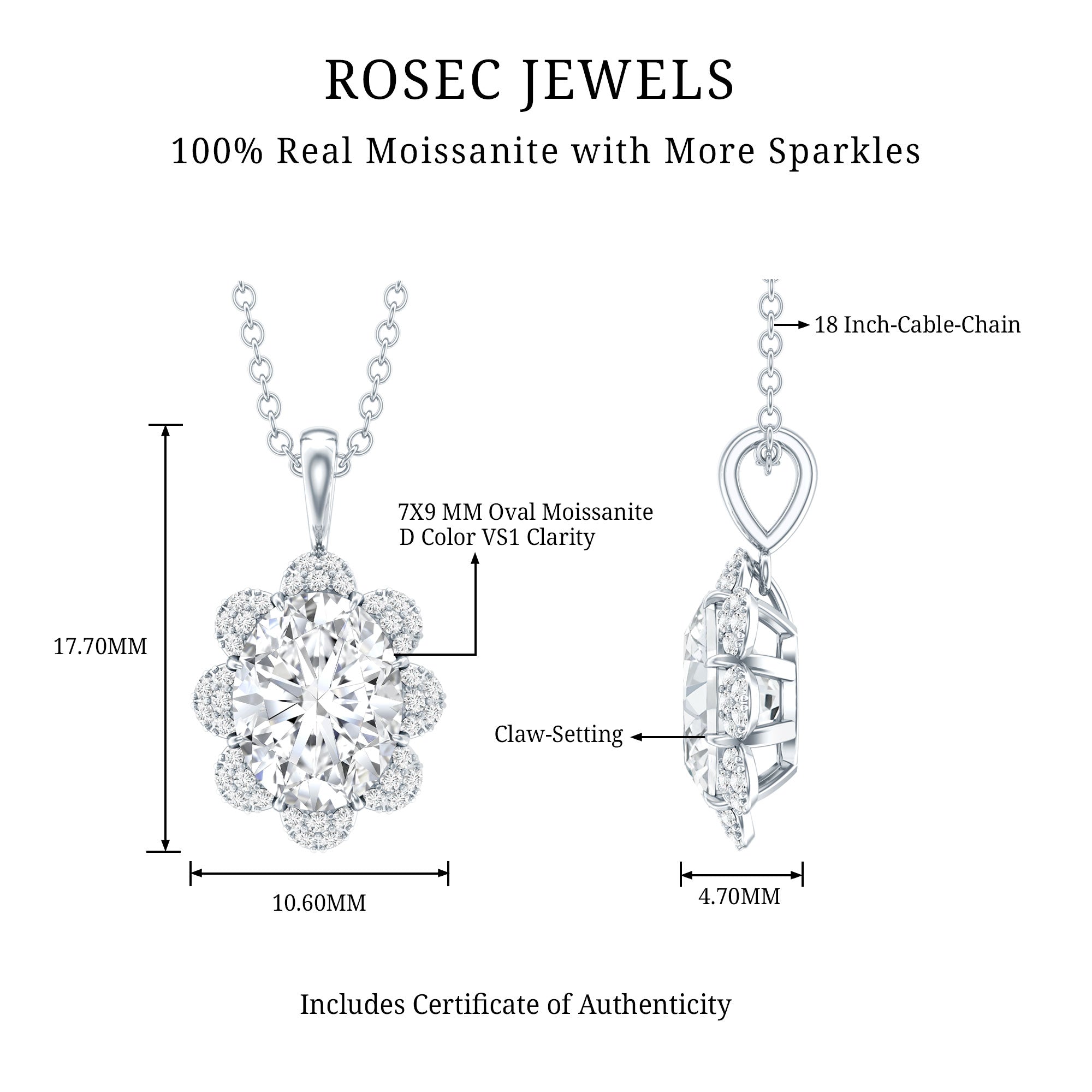 2 Carat Flower Inspired Moissanite Oval Necklace with Silver Chain D-VS1 92.5 Sterling Silver - Rosec Jewels