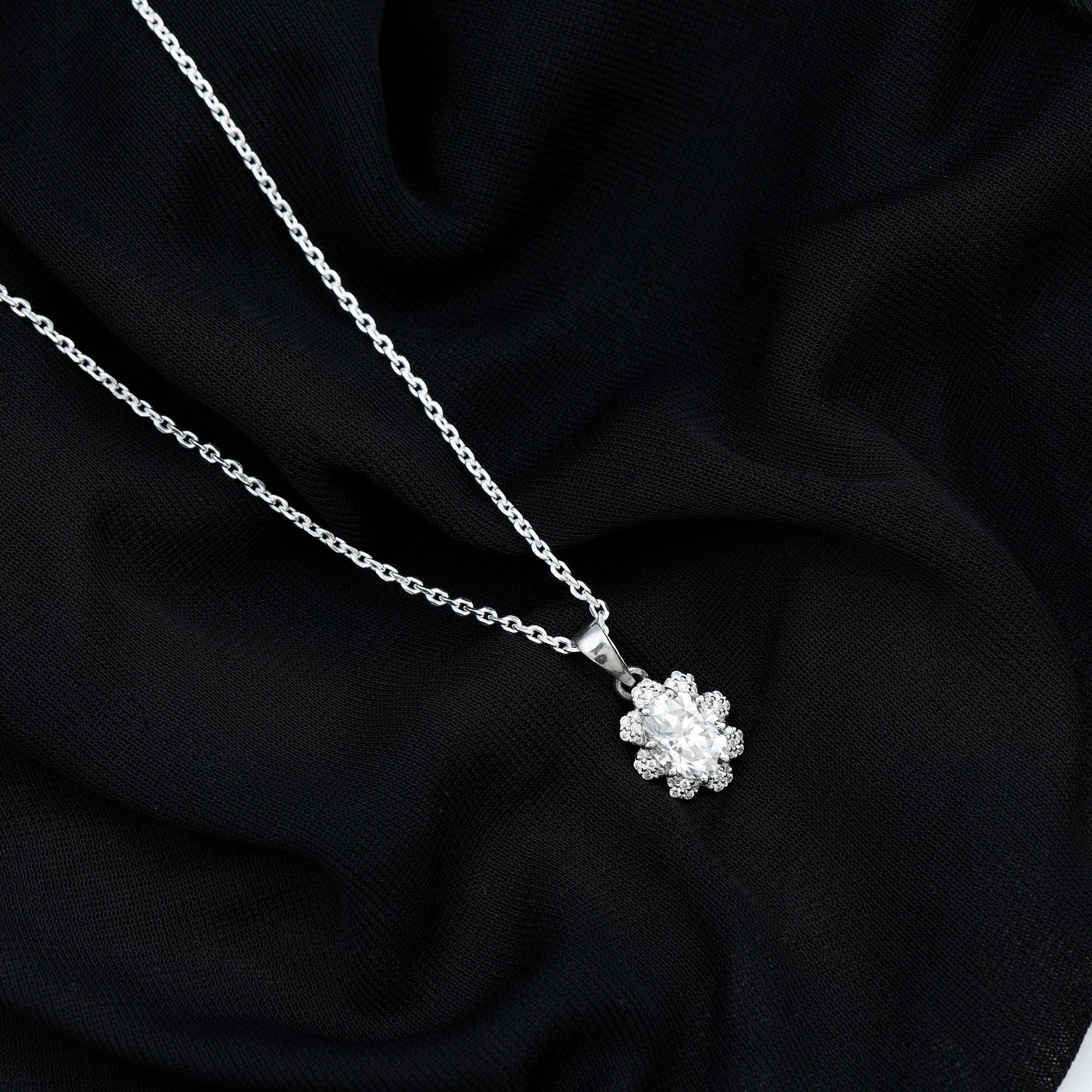 2 Carat Flower Inspired Moissanite Oval Necklace with Silver Chain D-VS1 92.5 Sterling Silver - Rosec Jewels