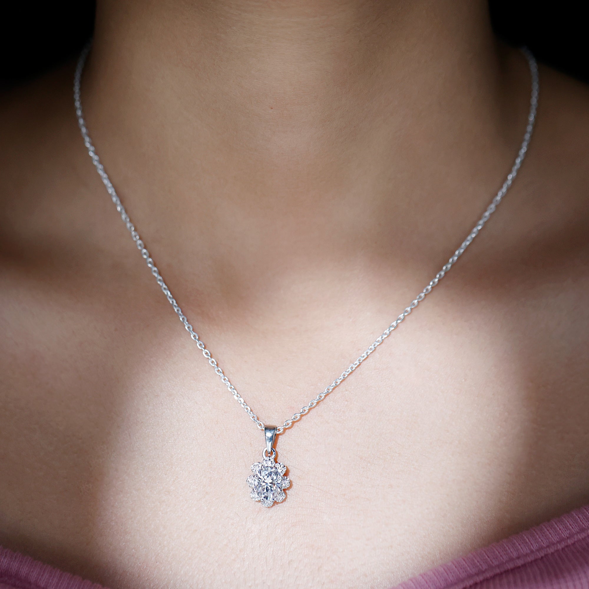 2 Carat Flower Inspired Moissanite Oval Necklace with Silver Chain D-VS1 92.5 Sterling Silver - Rosec Jewels