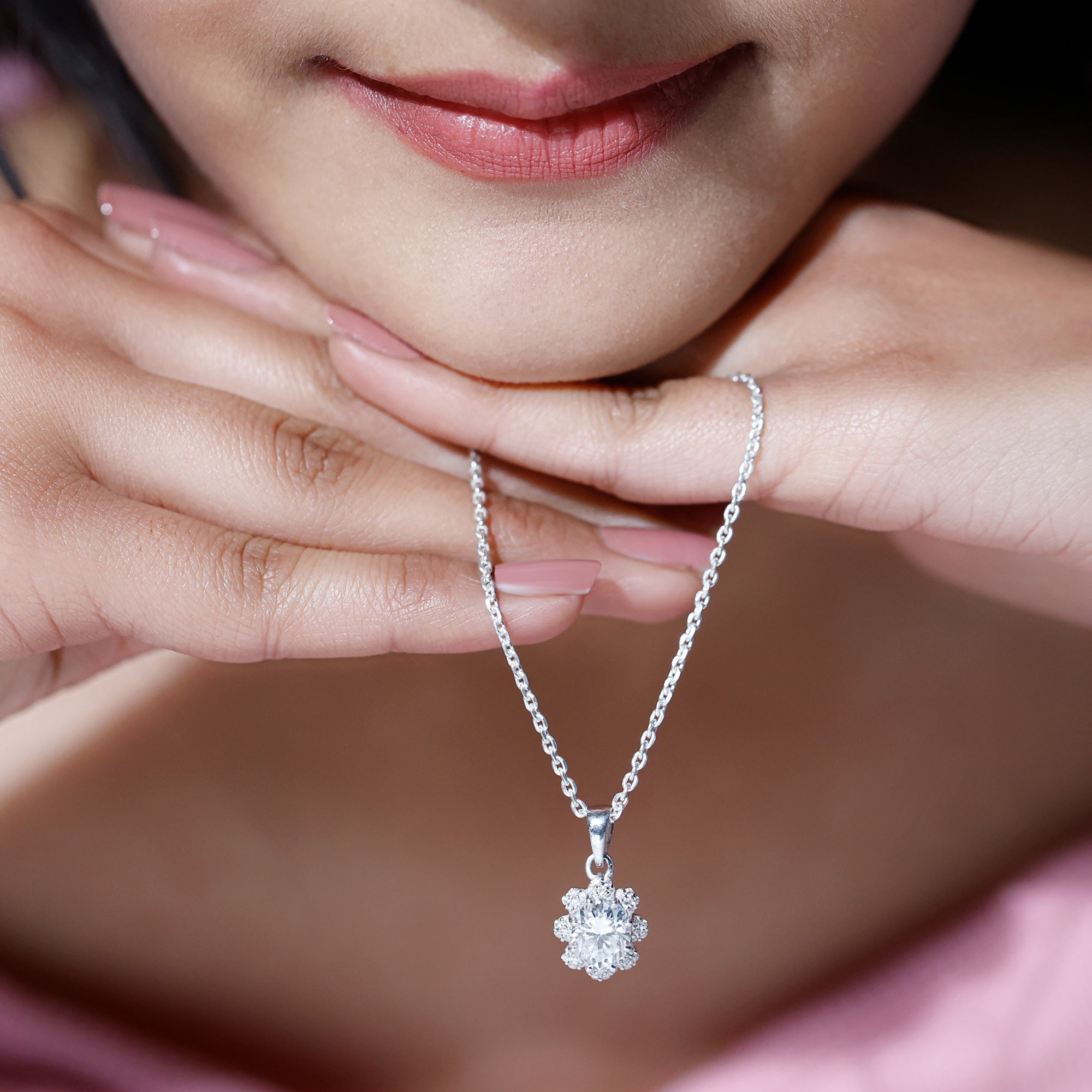 2 Carat Flower Inspired Moissanite Oval Necklace with Silver Chain D-VS1 92.5 Sterling Silver - Rosec Jewels