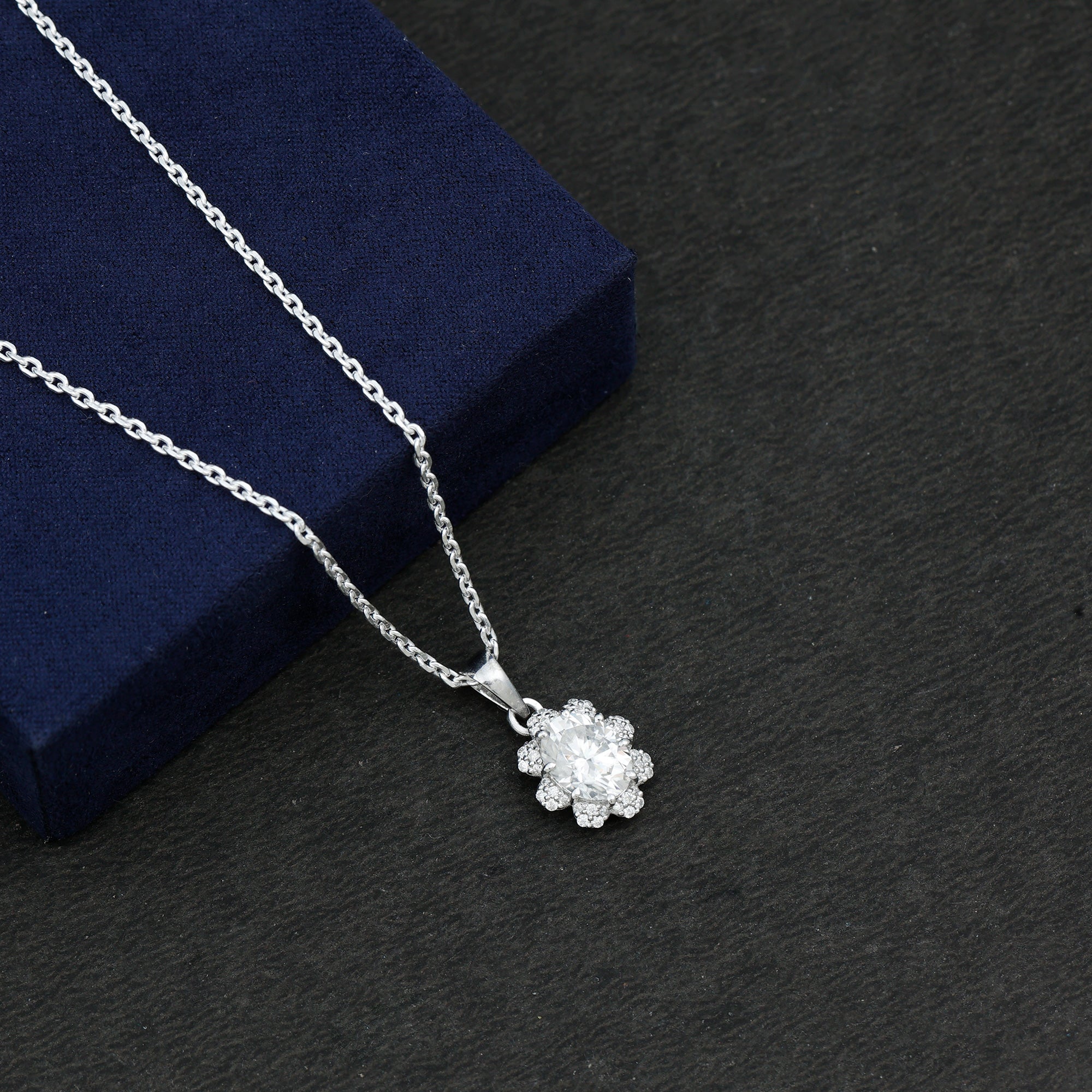 2 Carat Flower Inspired Moissanite Oval Necklace with Silver Chain D-VS1 92.5 Sterling Silver - Rosec Jewels