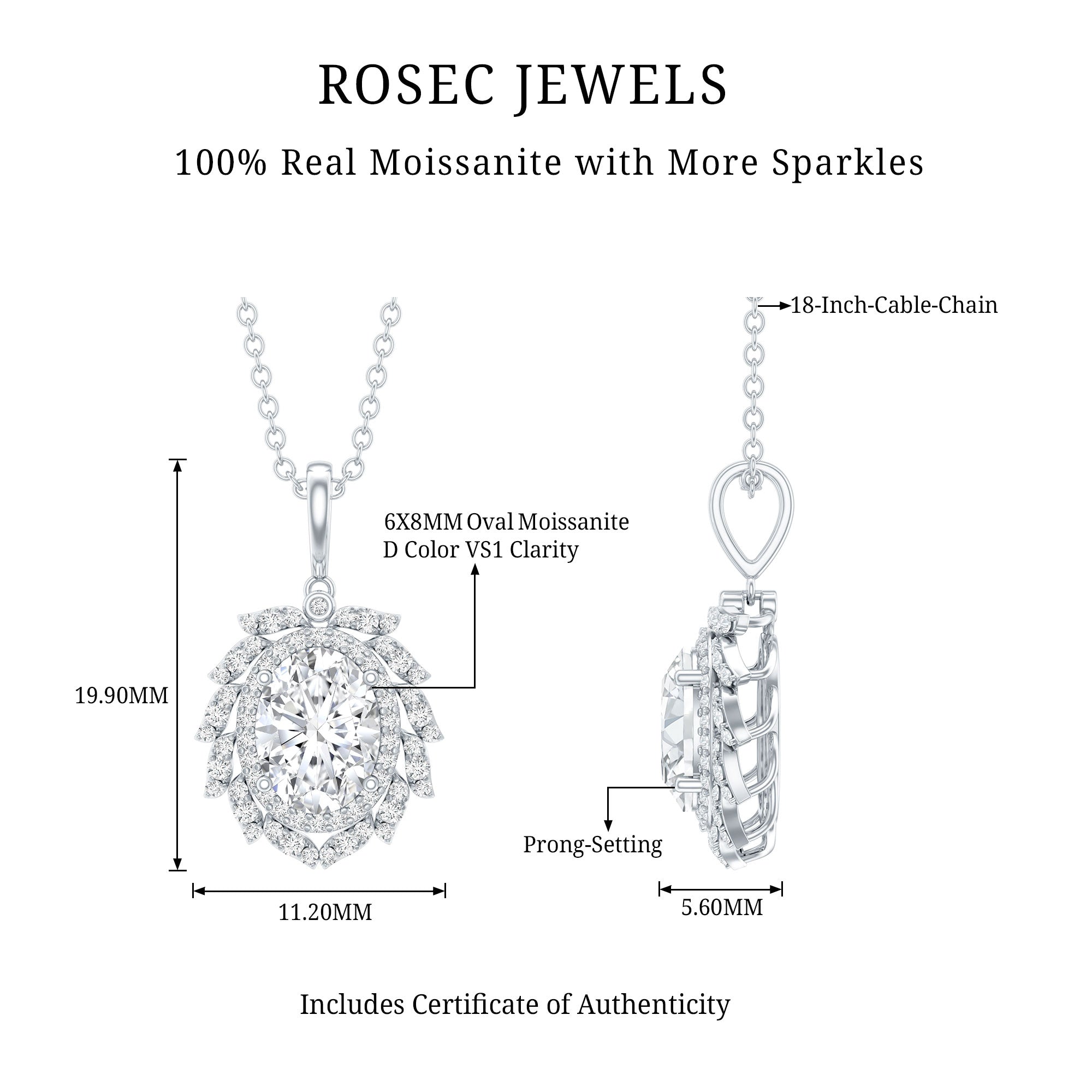 1.29 Carat Oval Shaped Moissanite Wedding Necklace With Silver Chain D-VS1 92.5 Sterling Silver - Rosec Jewels