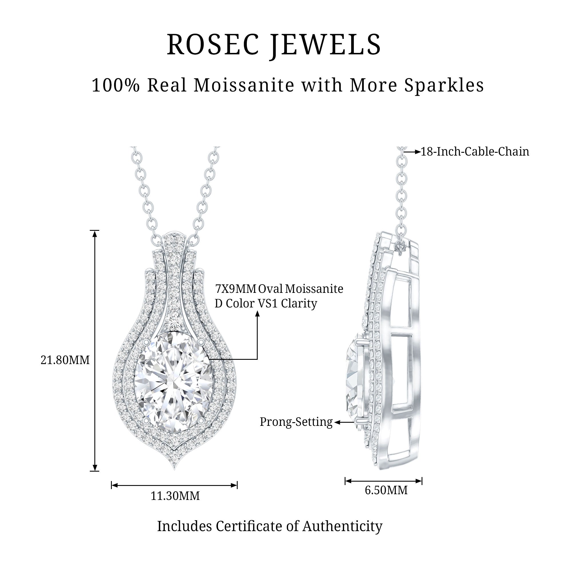 Certified 2 Carat Oval Moissanite Statement Wedding Necklace with Chain D-VS1 92.5 Sterling Silver - Rosec Jewels