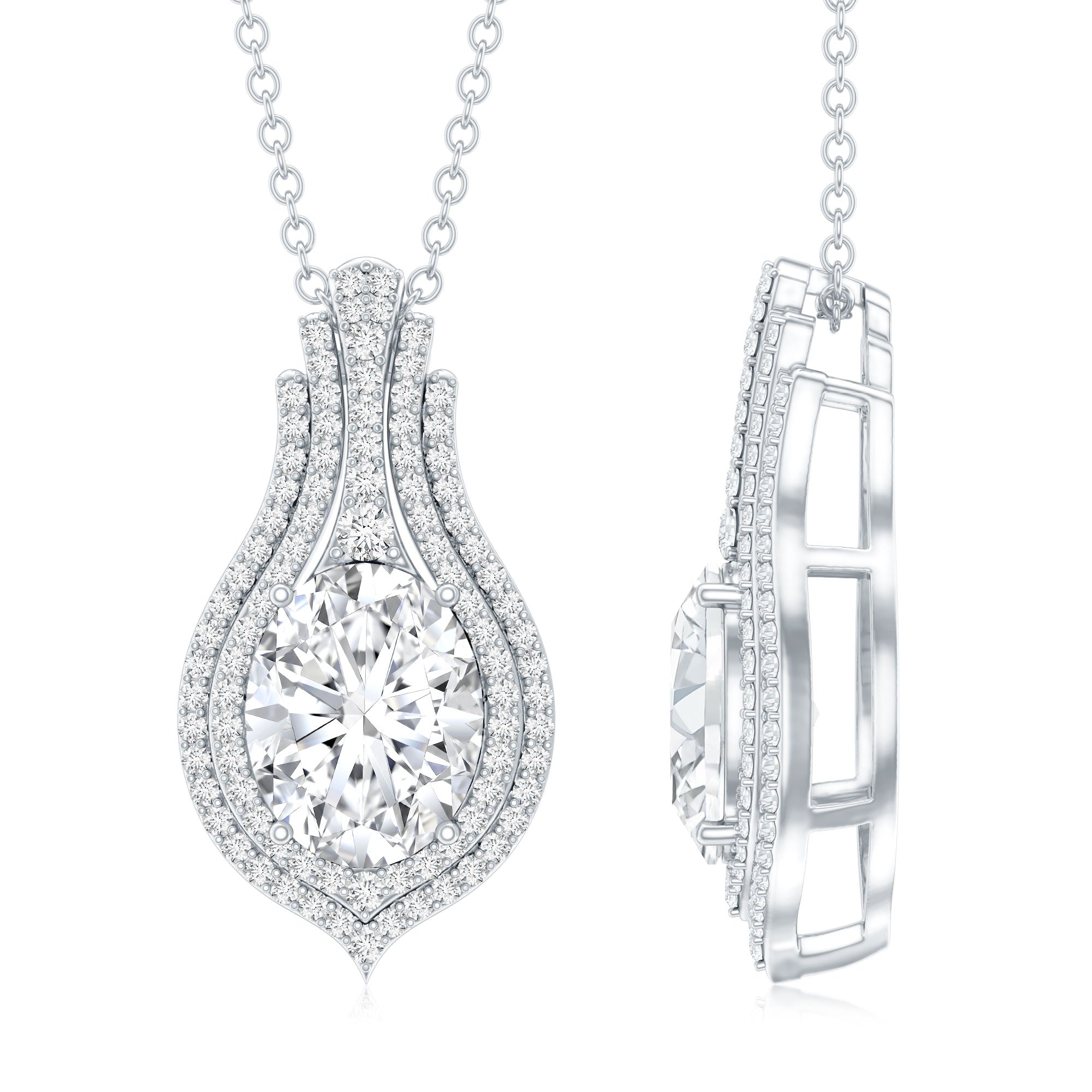 Certified 2 Carat Oval Moissanite Statement Wedding Necklace with Chain D-VS1 92.5 Sterling Silver - Rosec Jewels