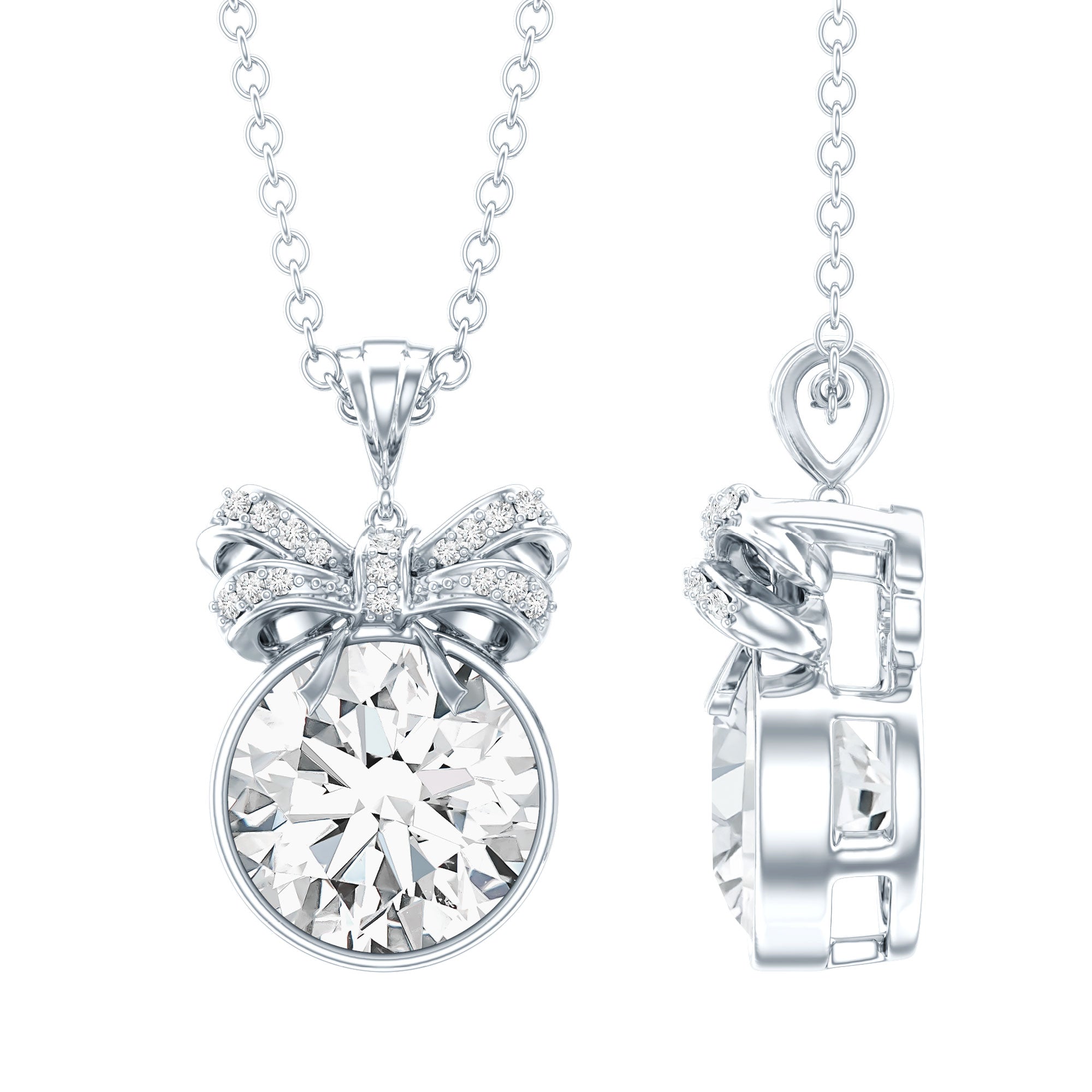 Bezel Set 2 Carat Moissanite Pendant with Bow D-VS1 92.5 Sterling Silver - Rosec Jewels